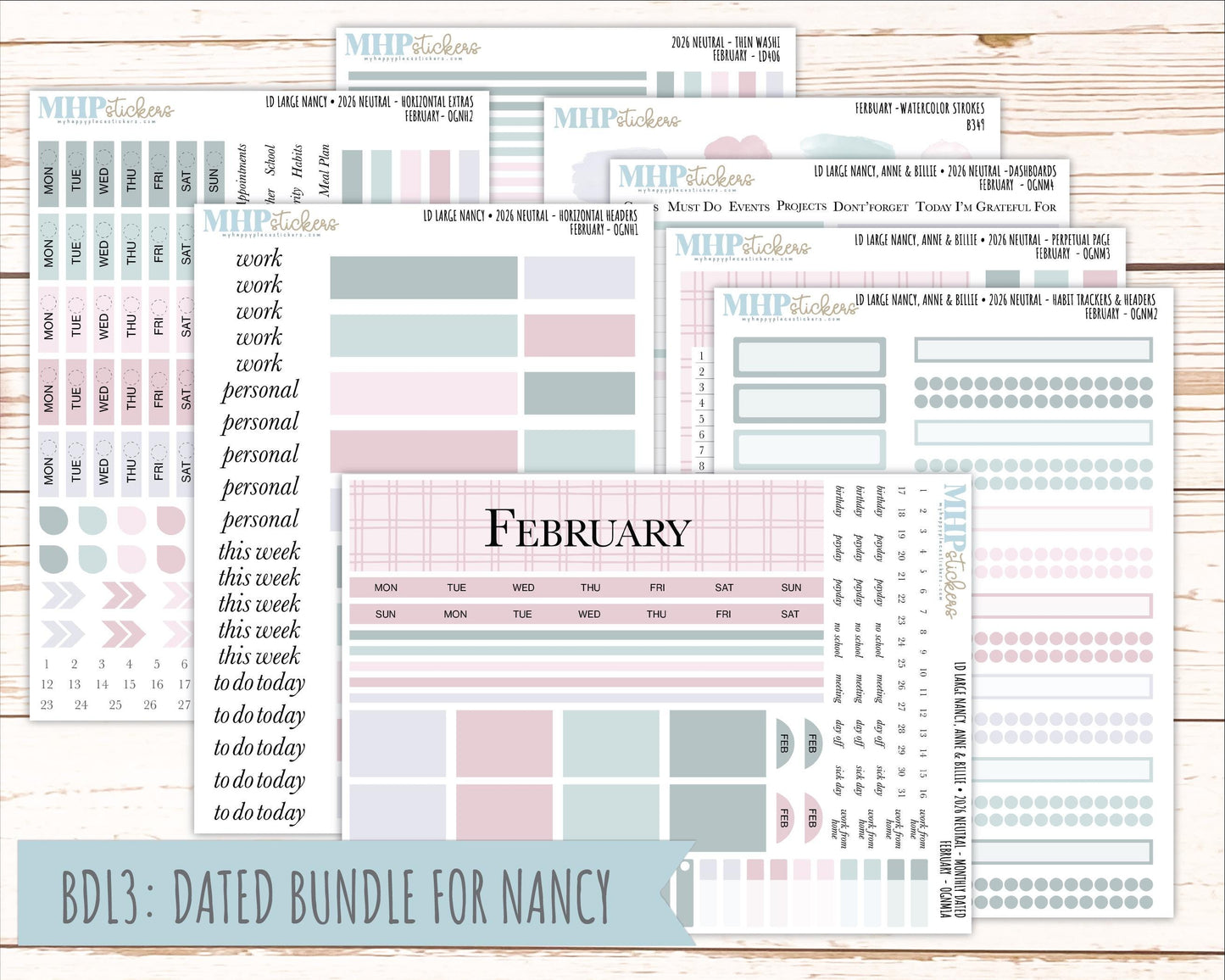 FEBRUARY 2026 Neutral Collection Stickers for the Large Nancy, Anne, & Billie Laurel Denise Planners || OGN