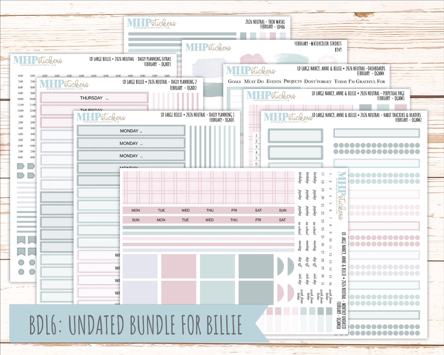 FEBRUARY 2026 Neutral Collection Stickers for the Large Nancy, Anne, & Billie Laurel Denise Planners || OGN