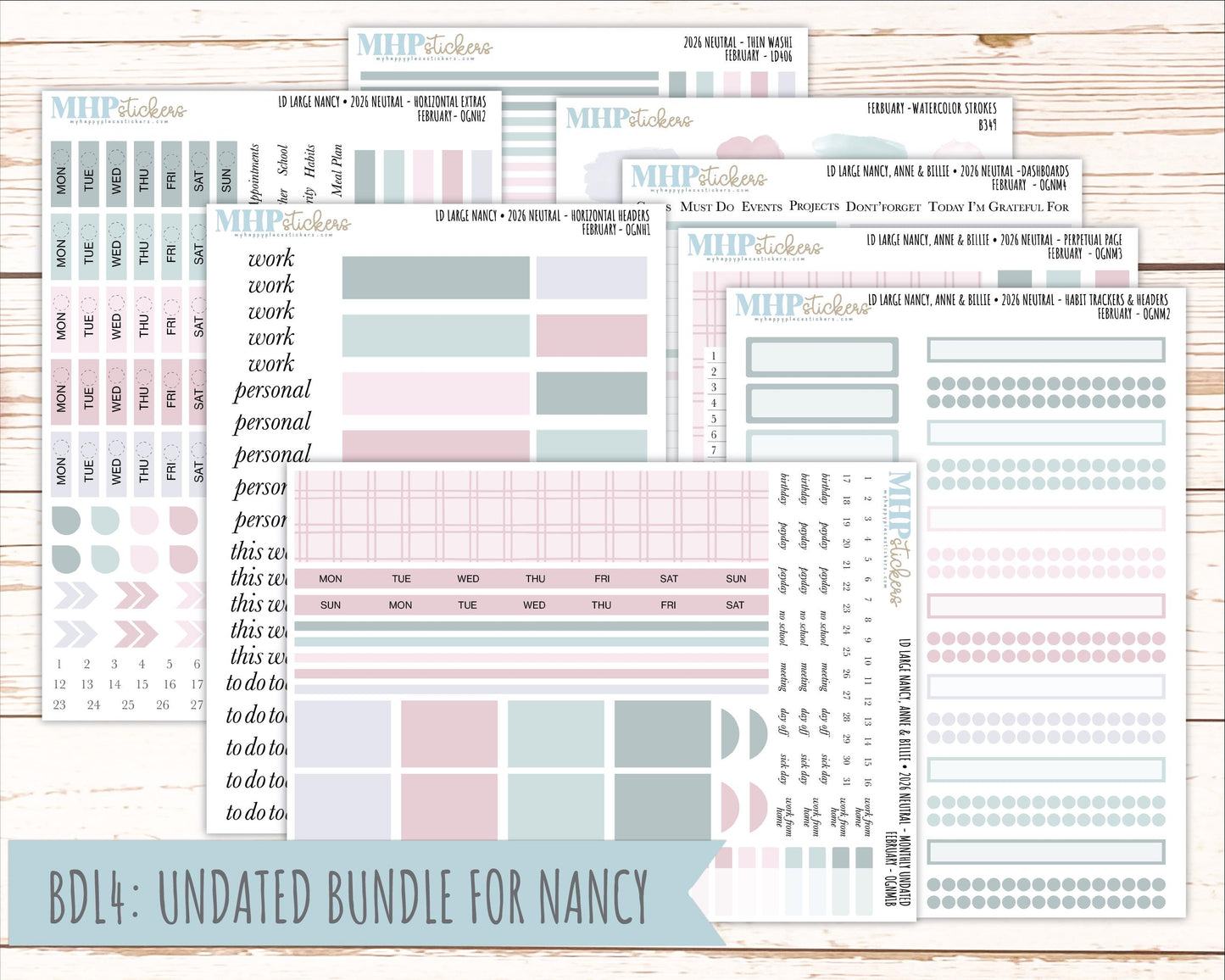 FEBRUARY 2026 Neutral Collection Stickers for the Large Nancy, Anne, & Billie Laurel Denise Planners || OGN