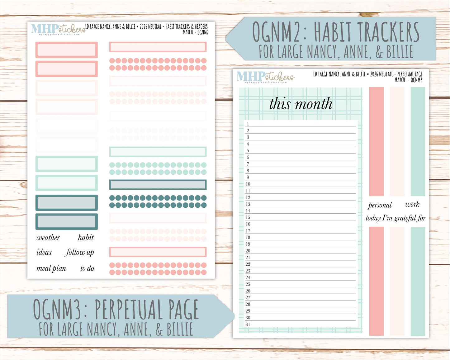 MARCH 2026 Neutral Collection Stickers for the Large Nancy, Anne, & Billie Laurel Denise Planners || OGN