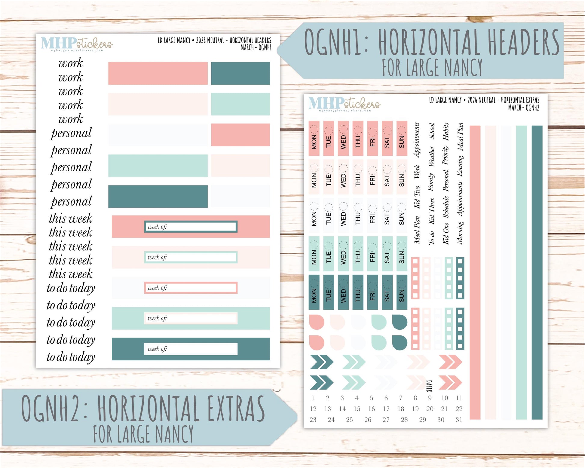 MARCH 2026 Neutral Collection Stickers for the Large Nancy, Anne, & Billie Laurel Denise Planners || OGN