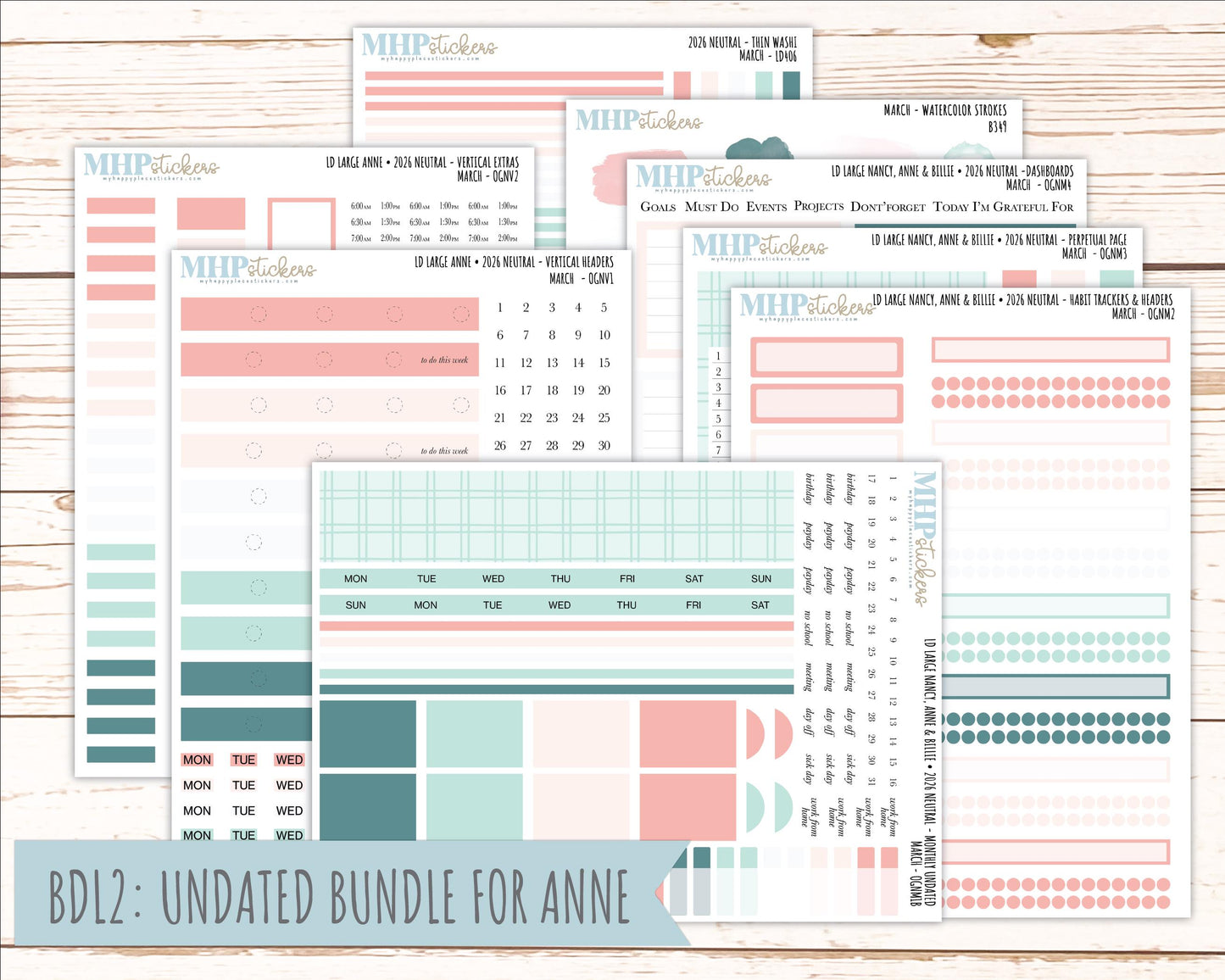 MARCH 2026 Neutral Collection Stickers for the Large Nancy, Anne, & Billie Laurel Denise Planners || OGN