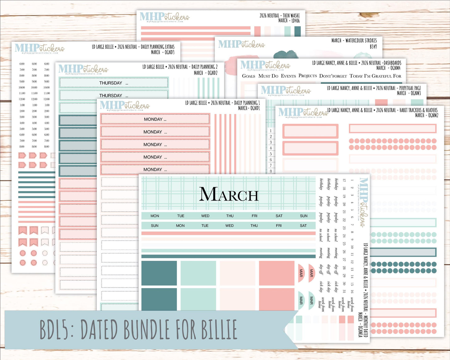 MARCH 2026 Neutral Collection Stickers for the Large Nancy, Anne, & Billie Laurel Denise Planners || OGN