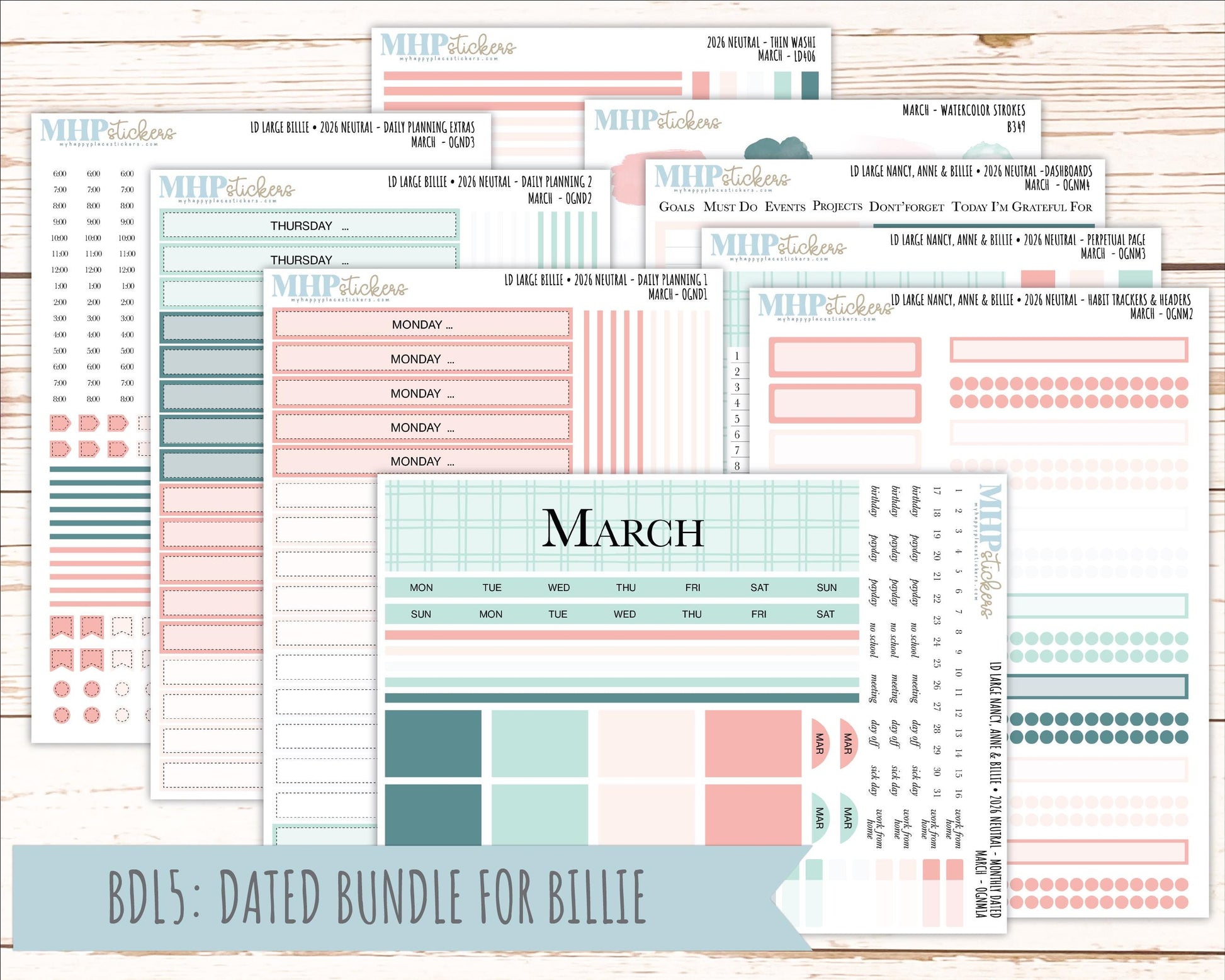 MARCH 2026 Neutral Collection Stickers for the Large Nancy, Anne, & Billie Laurel Denise Planners || OGN