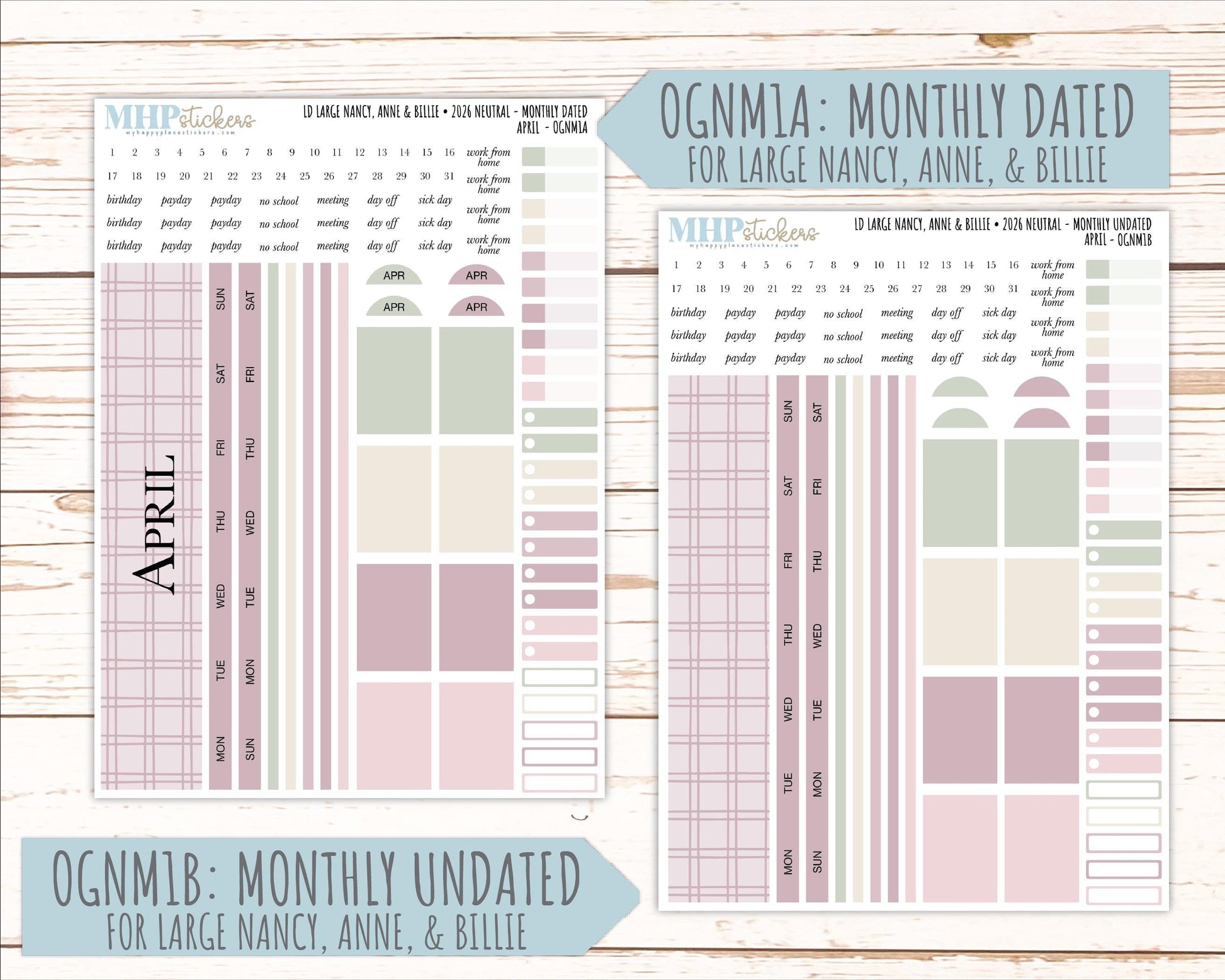 APRIL 2026 Neutral Collection Stickers for the Large Nancy, Anne, & Billie Laurel Denise Planners || OGN