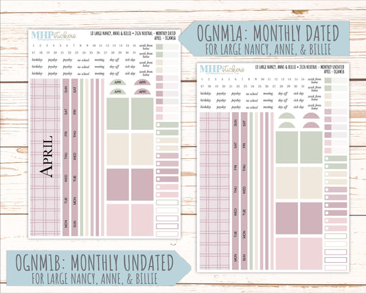 APRIL 2026 Neutral Collection Stickers for the Large Nancy, Anne, & Billie Laurel Denise Planners || OGN