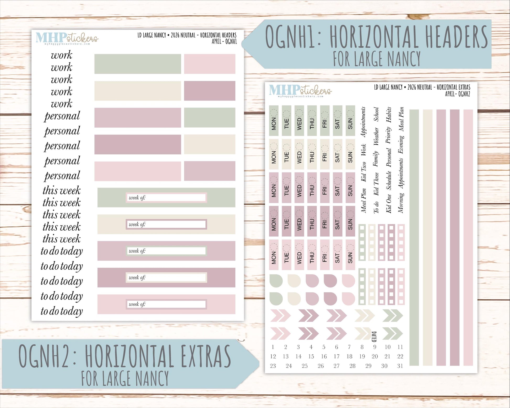 APRIL 2026 Neutral Collection Stickers for the Large Nancy, Anne, & Billie Laurel Denise Planners || OGN