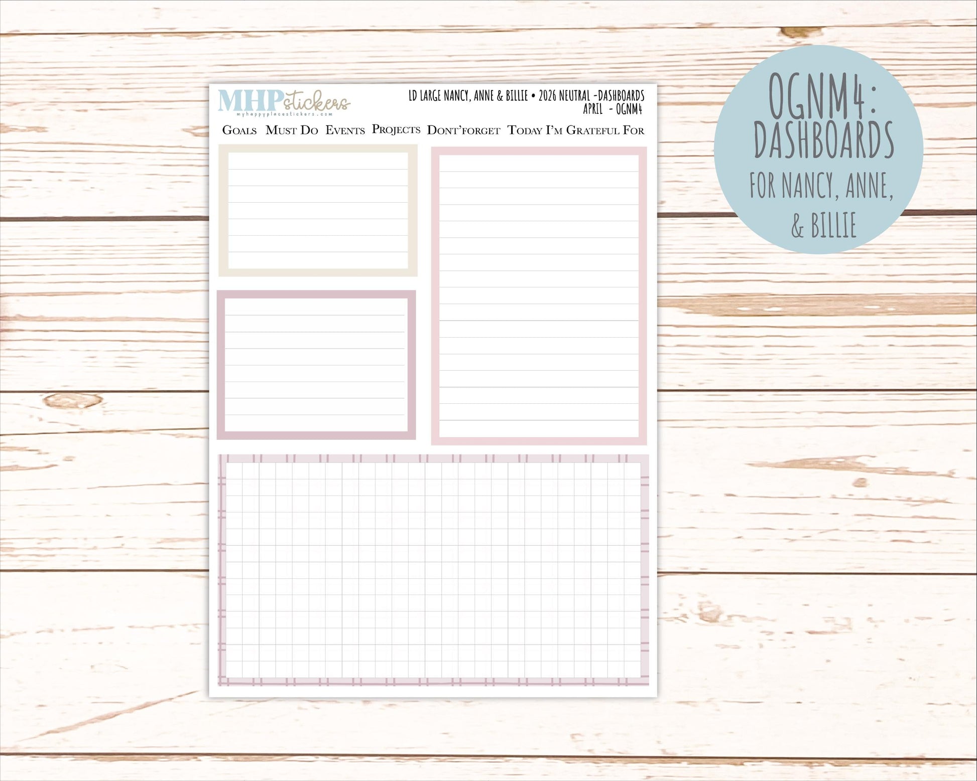 APRIL 2026 Neutral Collection Stickers for the Large Nancy, Anne, & Billie Laurel Denise Planners || OGN