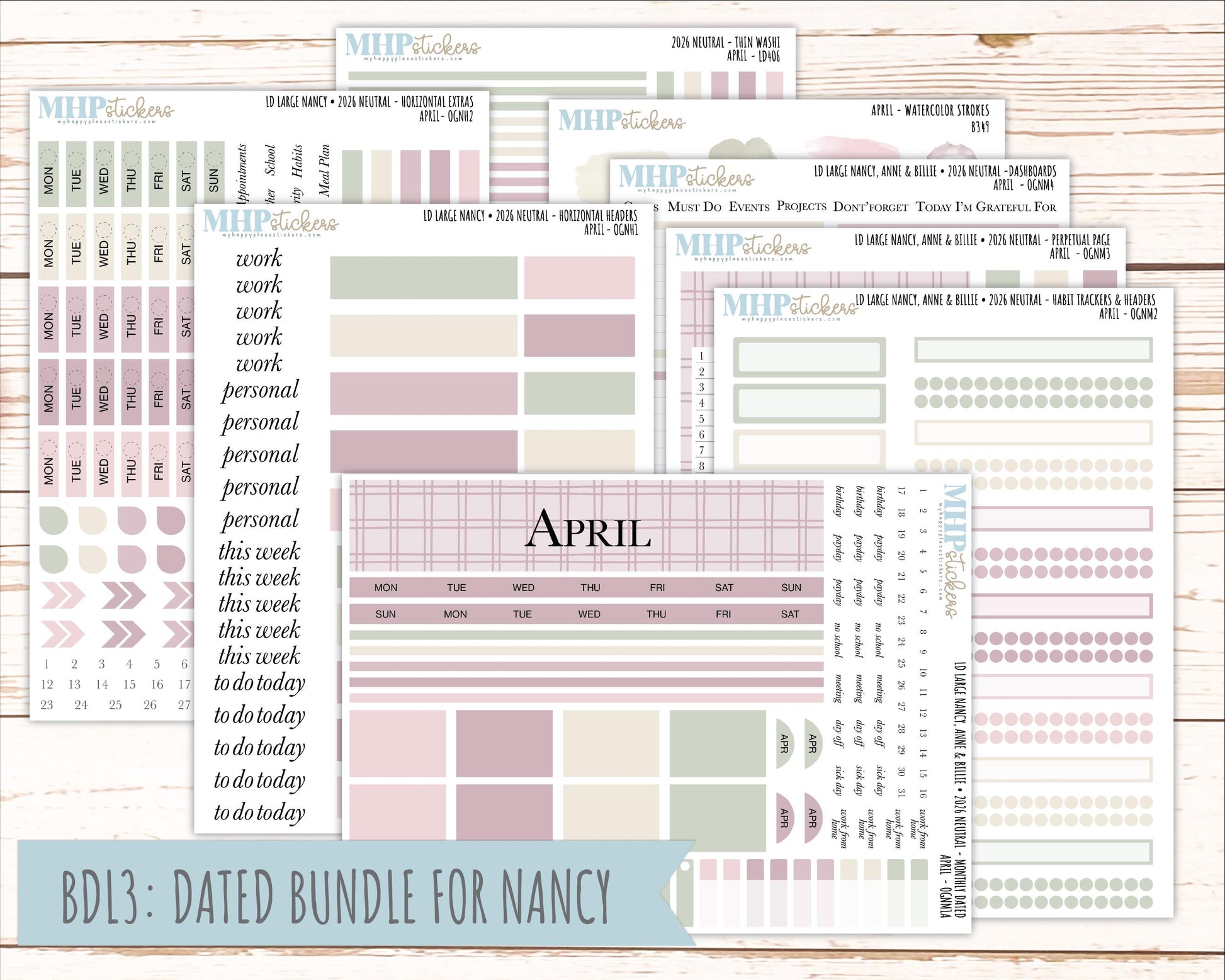 APRIL 2026 Neutral Collection Stickers for the Large Nancy, Anne, & Billie Laurel Denise Planners || OGN