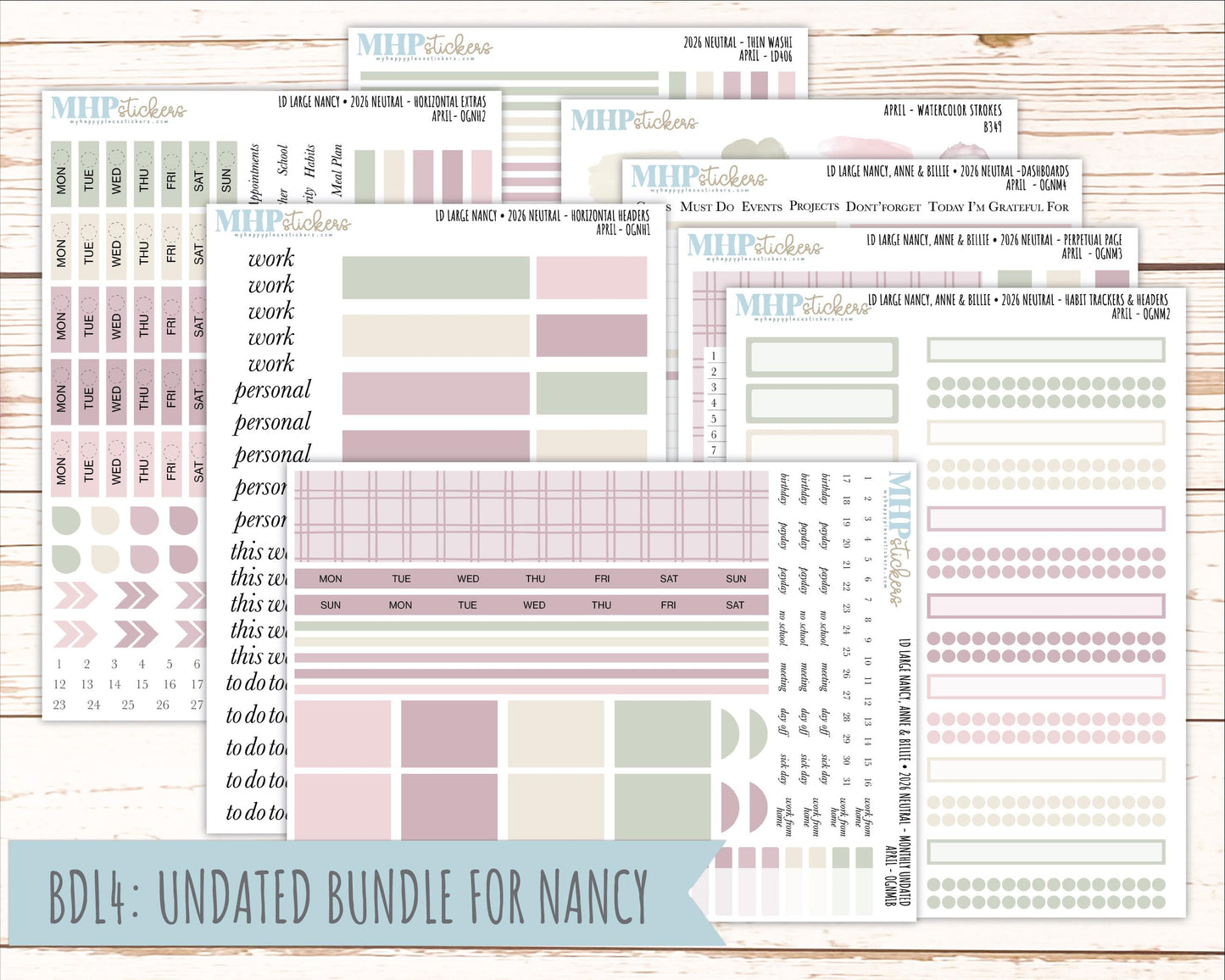 APRIL 2026 Neutral Collection Stickers for the Large Nancy, Anne, & Billie Laurel Denise Planners || OGN