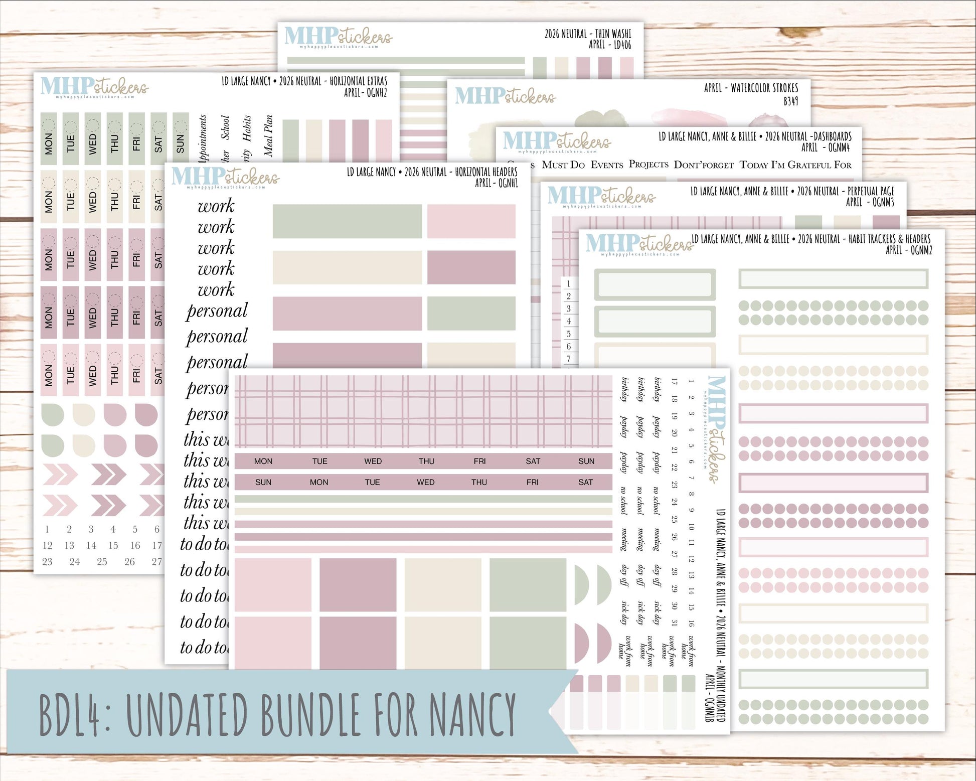 APRIL 2026 Neutral Collection Stickers for the Large Nancy, Anne, & Billie Laurel Denise Planners || OGN