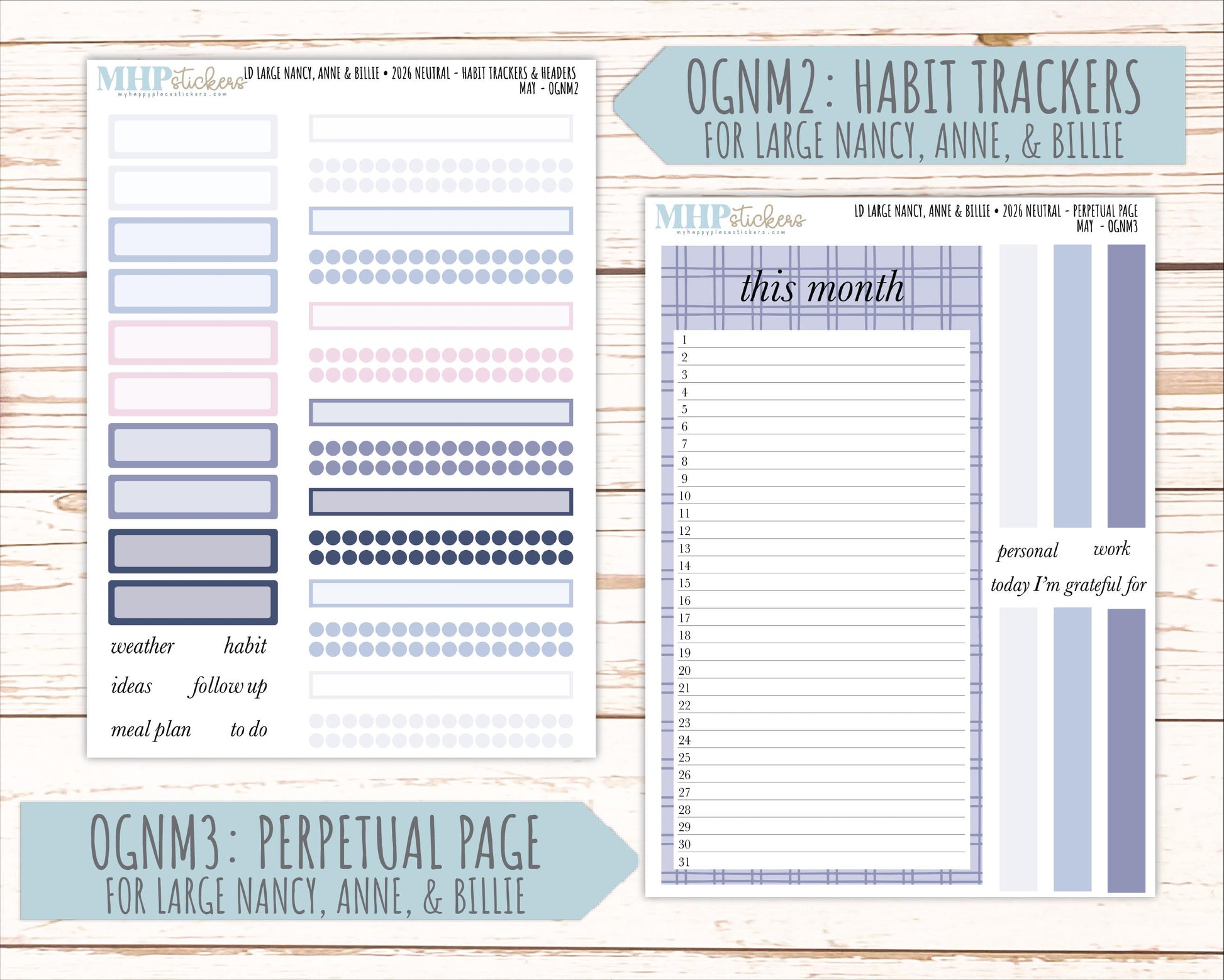 MAY 2026 Neutral Collection Stickers for the Large Nancy, Anne, & Billie Laurel Denise Planners || OGN