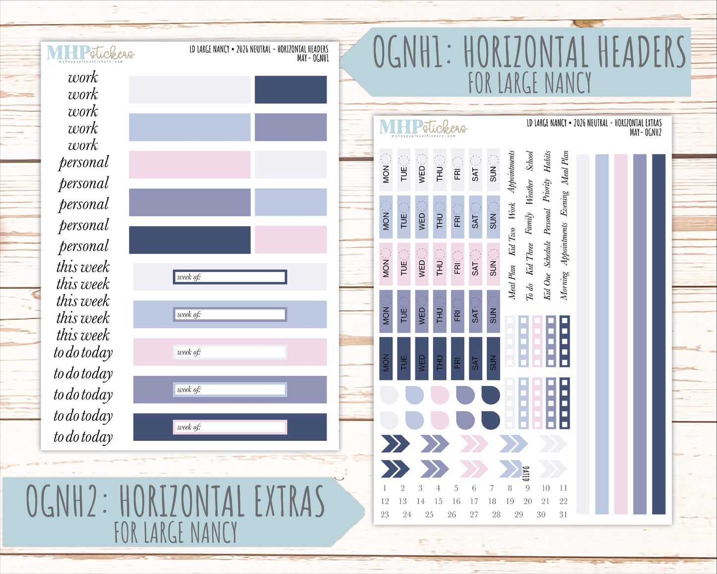 MAY 2026 Neutral Collection Stickers for the Large Nancy, Anne, & Billie Laurel Denise Planners || OGN