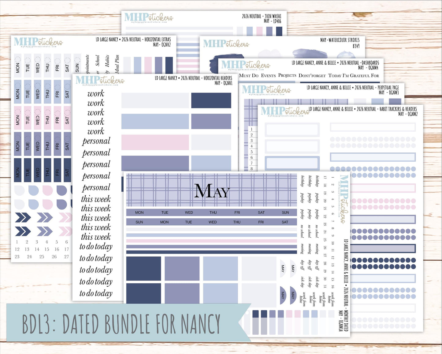 MAY 2026 Neutral Collection Stickers for the Large Nancy, Anne, & Billie Laurel Denise Planners || OGN