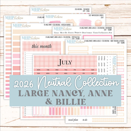 JULY 2026 Neutral Collection Stickers for the Large Nancy, Anne, & Billie Laurel Denise Planners || OGN