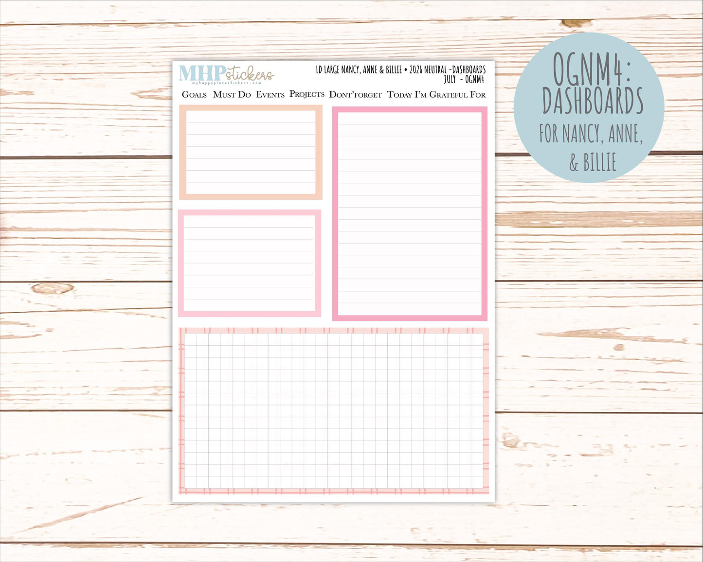 JULY 2026 Neutral Collection Stickers for the Large Nancy, Anne, & Billie Laurel Denise Planners || OGN