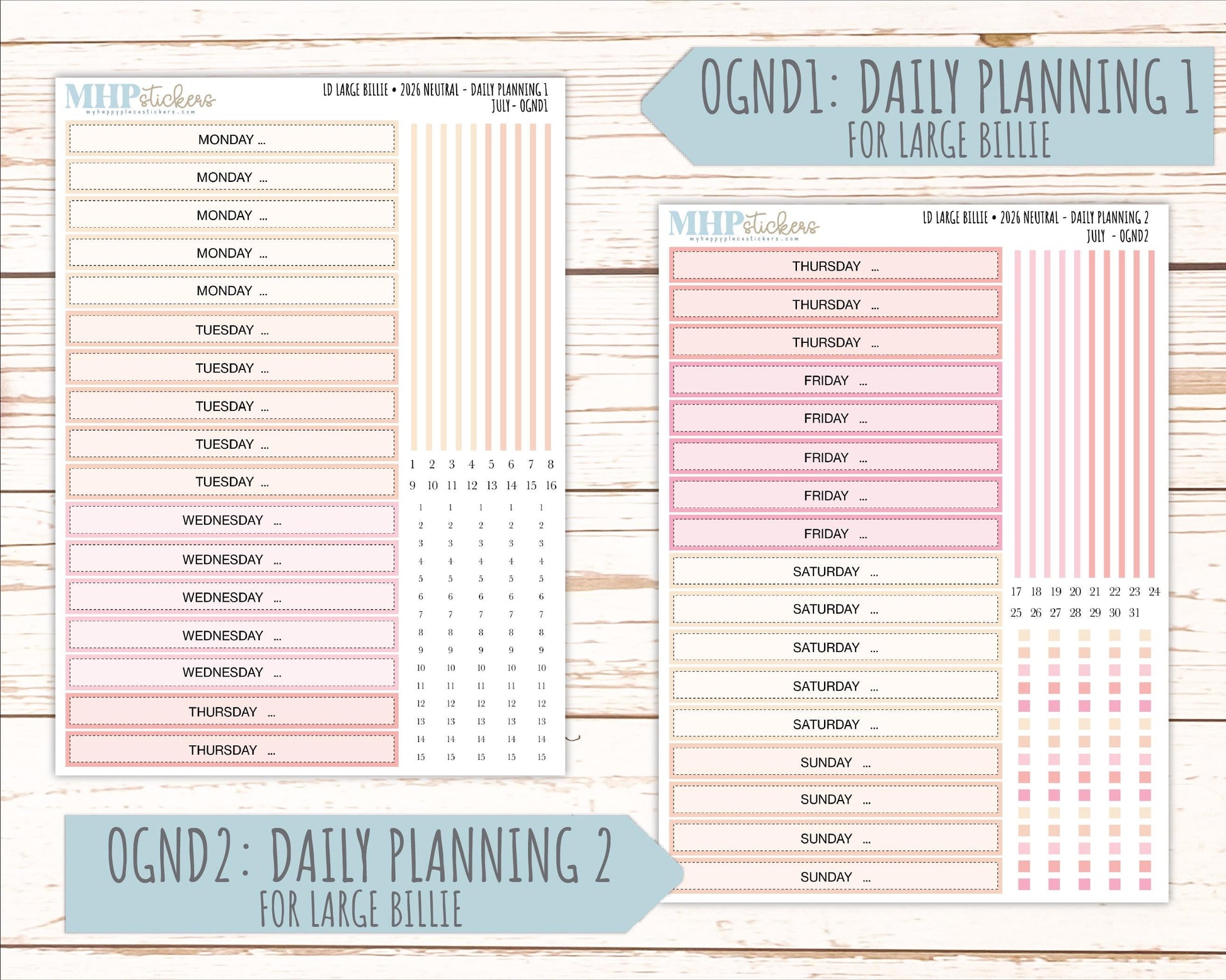 JULY 2026 Neutral Collection Stickers for the Large Nancy, Anne, & Billie Laurel Denise Planners || OGN
