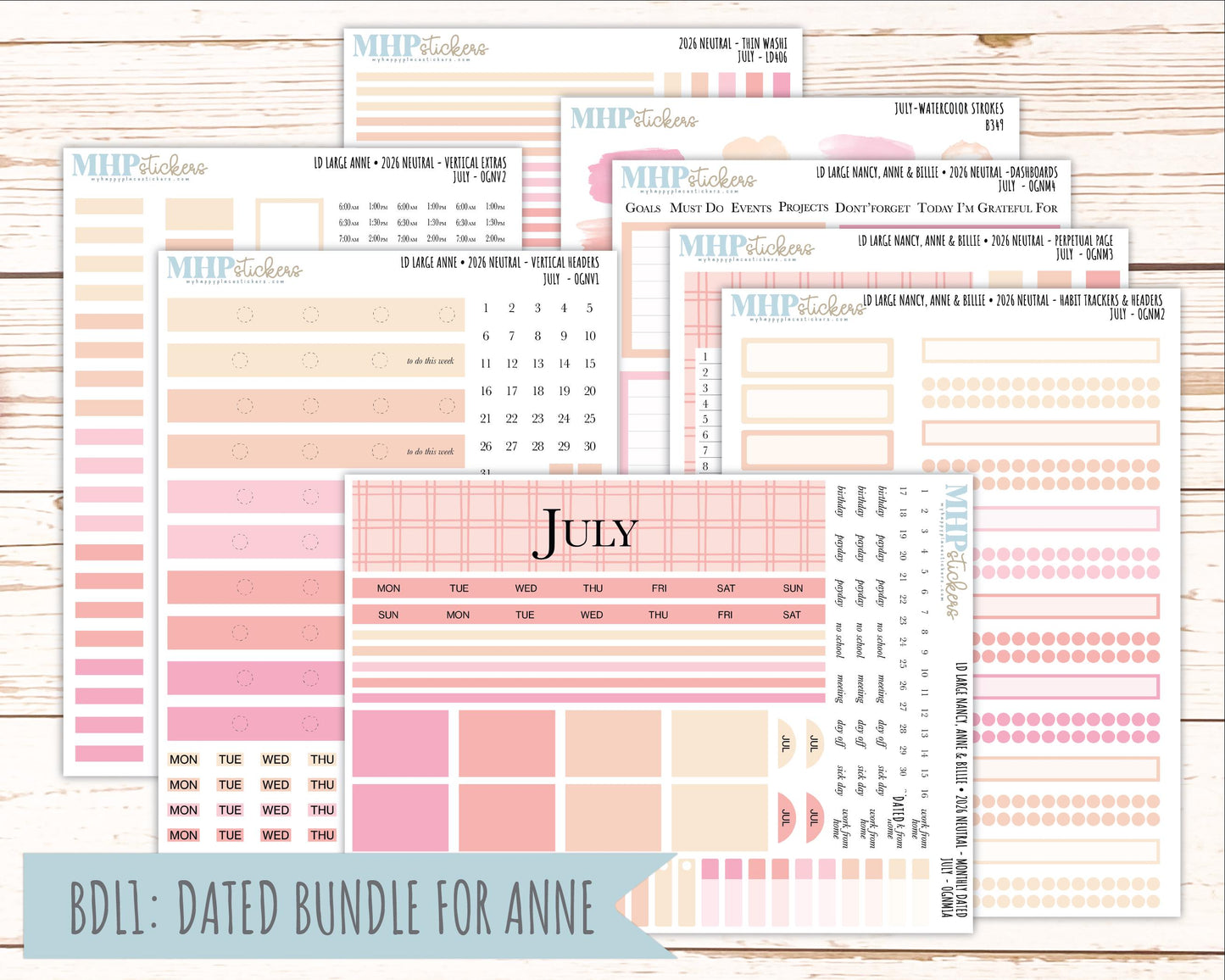 JULY 2026 Neutral Collection Stickers for the Large Nancy, Anne, & Billie Laurel Denise Planners || OGN