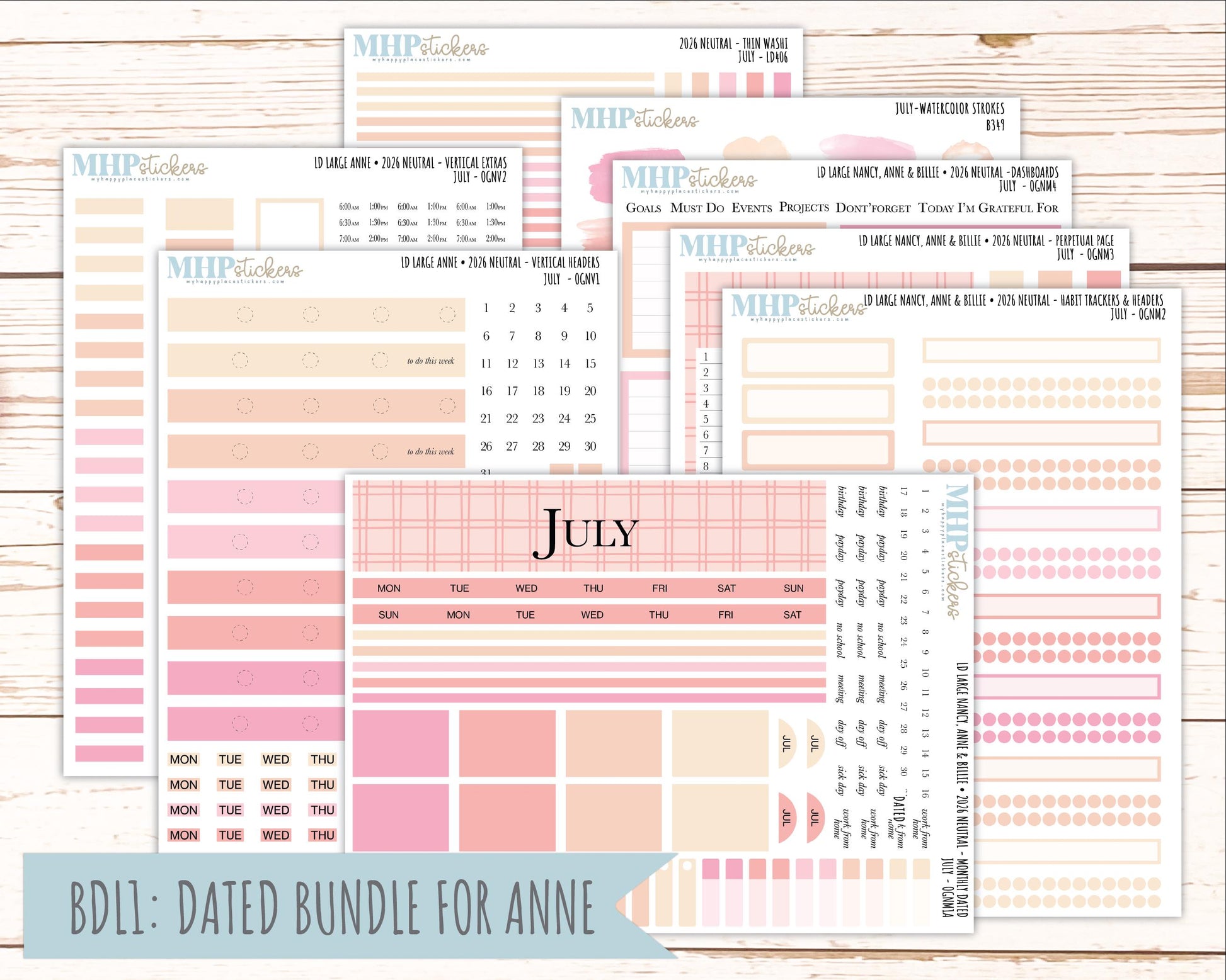 JULY 2026 Neutral Collection Stickers for the Large Nancy, Anne, & Billie Laurel Denise Planners || OGN