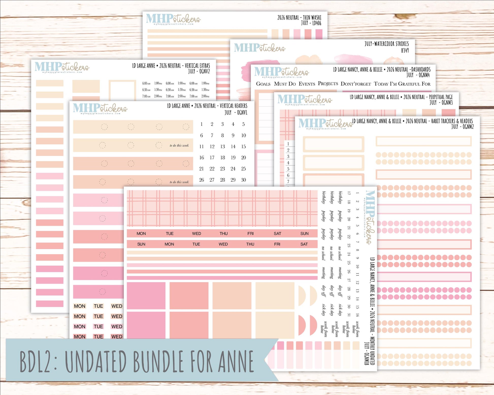 JULY 2026 Neutral Collection Stickers for the Large Nancy, Anne, & Billie Laurel Denise Planners || OGN