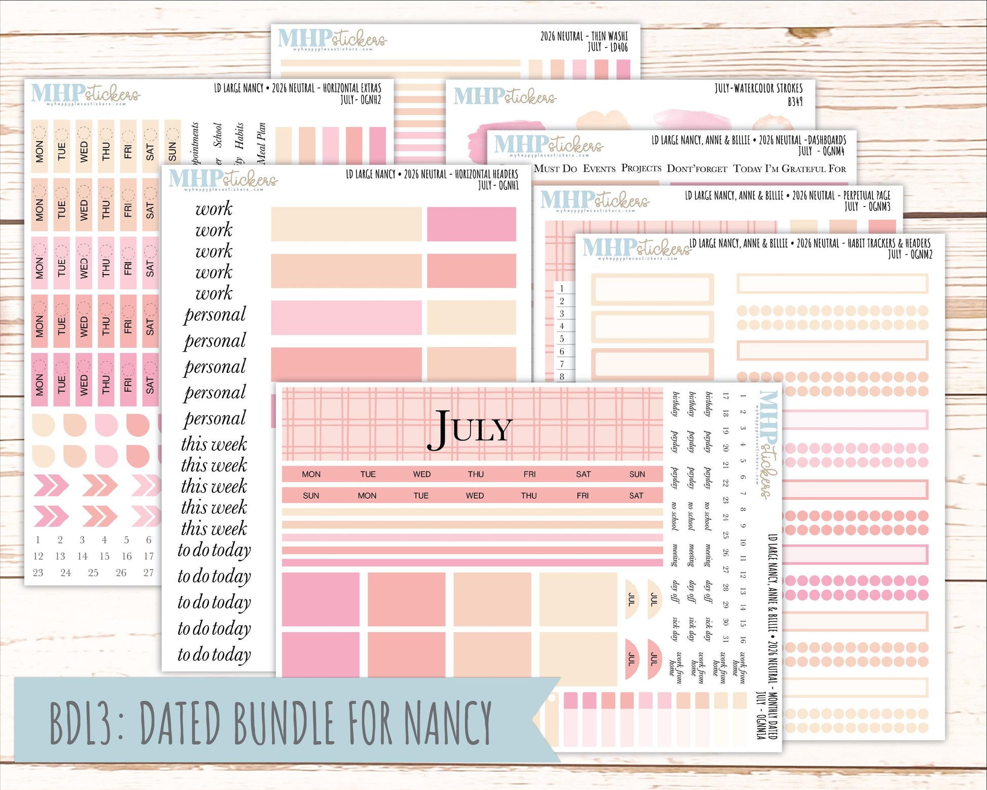 JULY 2026 Neutral Collection Stickers for the Large Nancy, Anne, & Billie Laurel Denise Planners || OGN