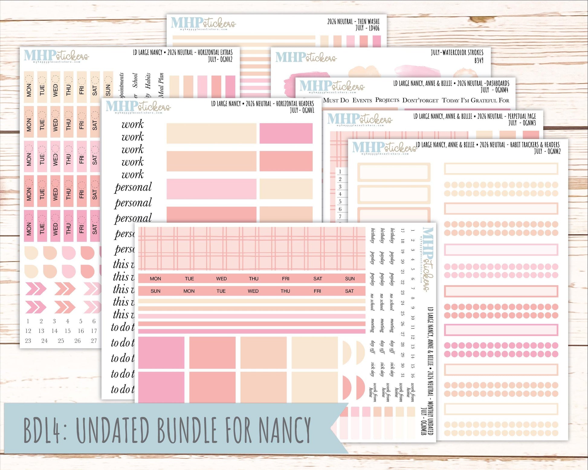 JULY 2026 Neutral Collection Stickers for the Large Nancy, Anne, & Billie Laurel Denise Planners || OGN