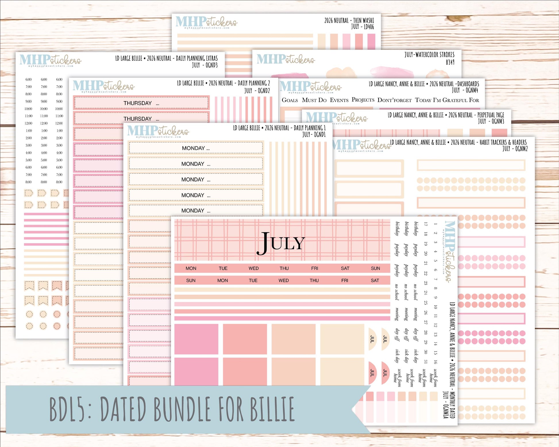 JULY 2026 Neutral Collection Stickers for the Large Nancy, Anne, & Billie Laurel Denise Planners || OGN
