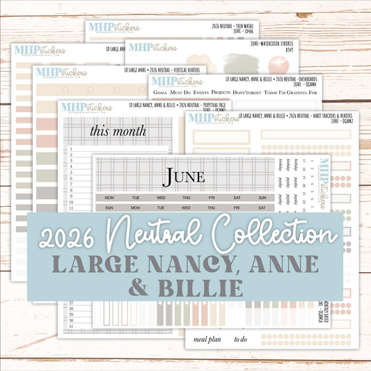 JUNE 2026 Neutral Collection Stickers for the Large Nancy, Anne, & Billie Laurel Denise Planners || OGN