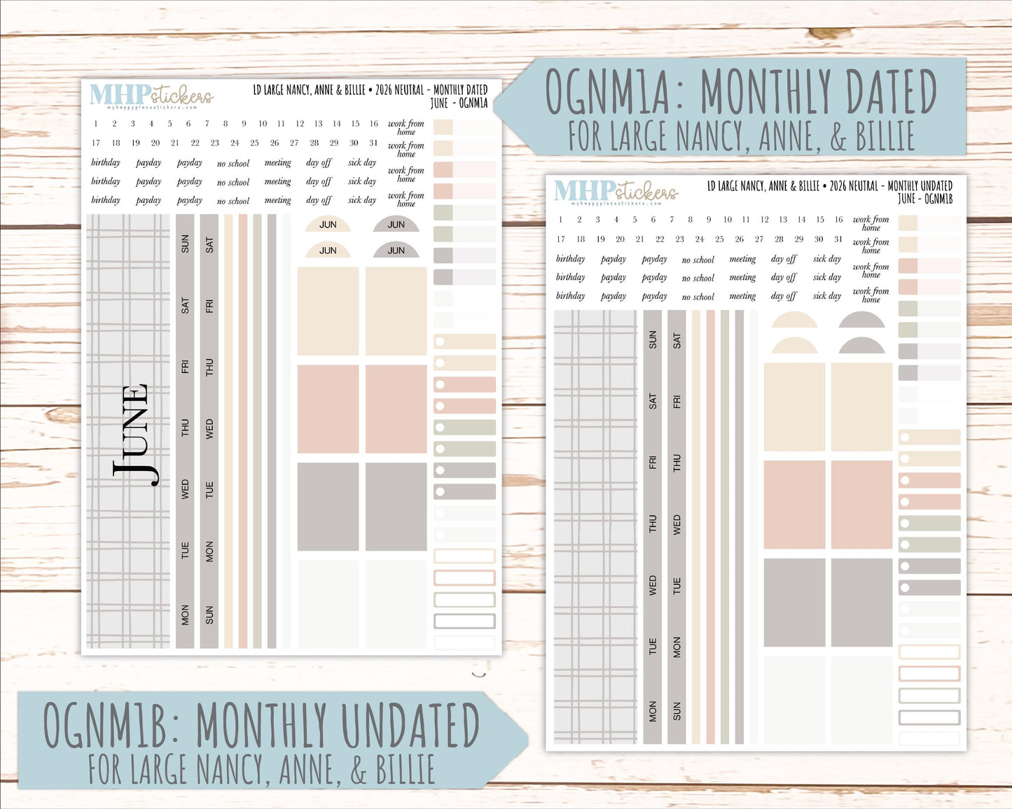 JUNE 2026 Neutral Collection Stickers for the Large Nancy, Anne, & Billie Laurel Denise Planners || OGN