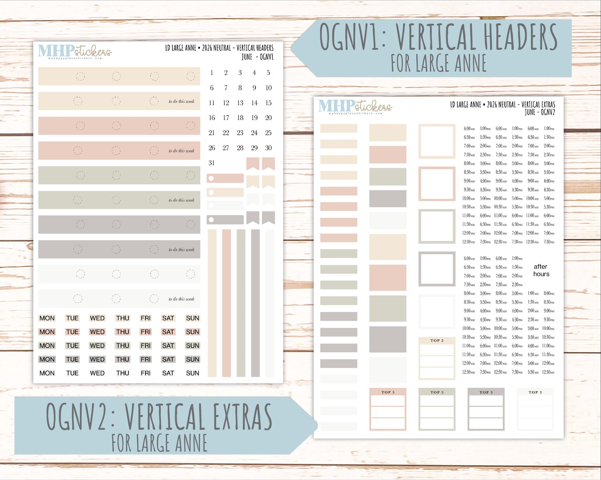 JUNE 2026 Neutral Collection Stickers for the Large Nancy, Anne, & Billie Laurel Denise Planners || OGN