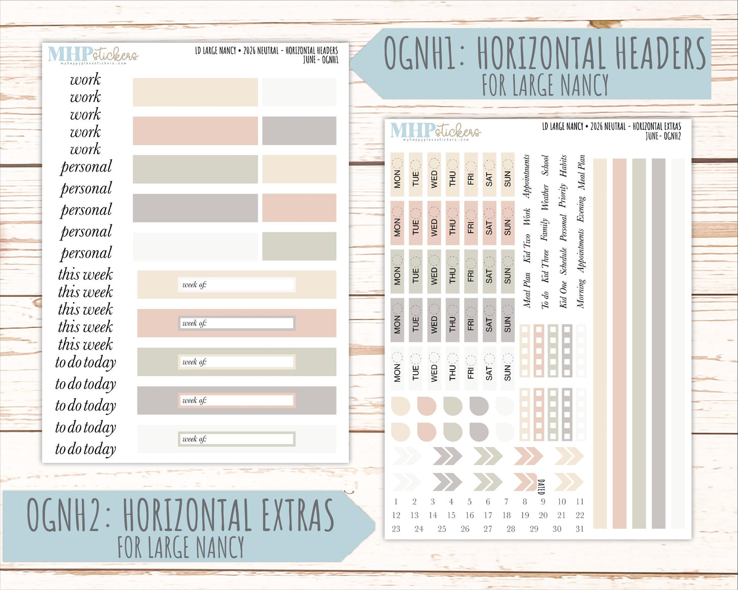 JUNE 2026 Neutral Collection Stickers for the Large Nancy, Anne, & Billie Laurel Denise Planners || OGN