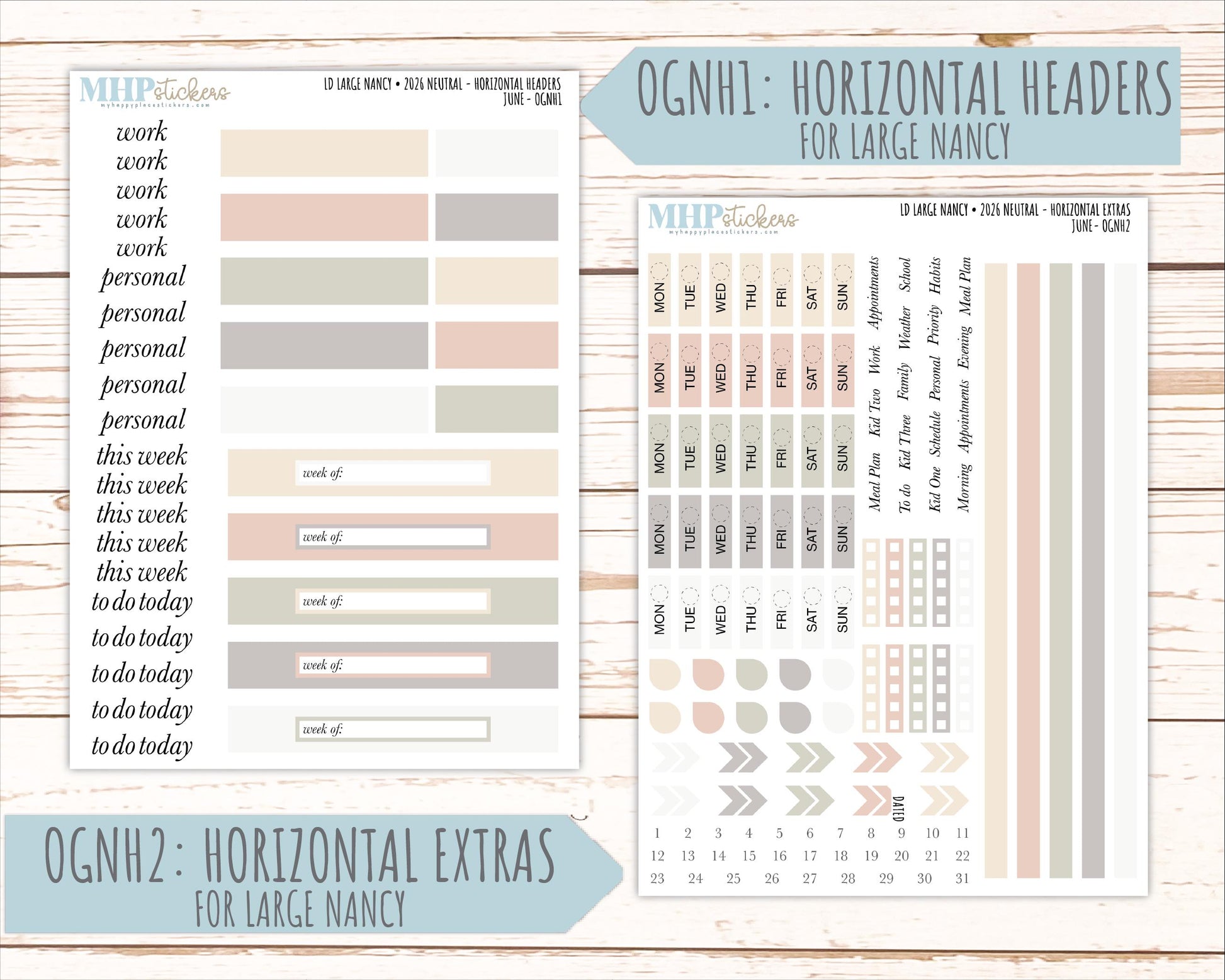 JUNE 2026 Neutral Collection Stickers for the Large Nancy, Anne, & Billie Laurel Denise Planners || OGN
