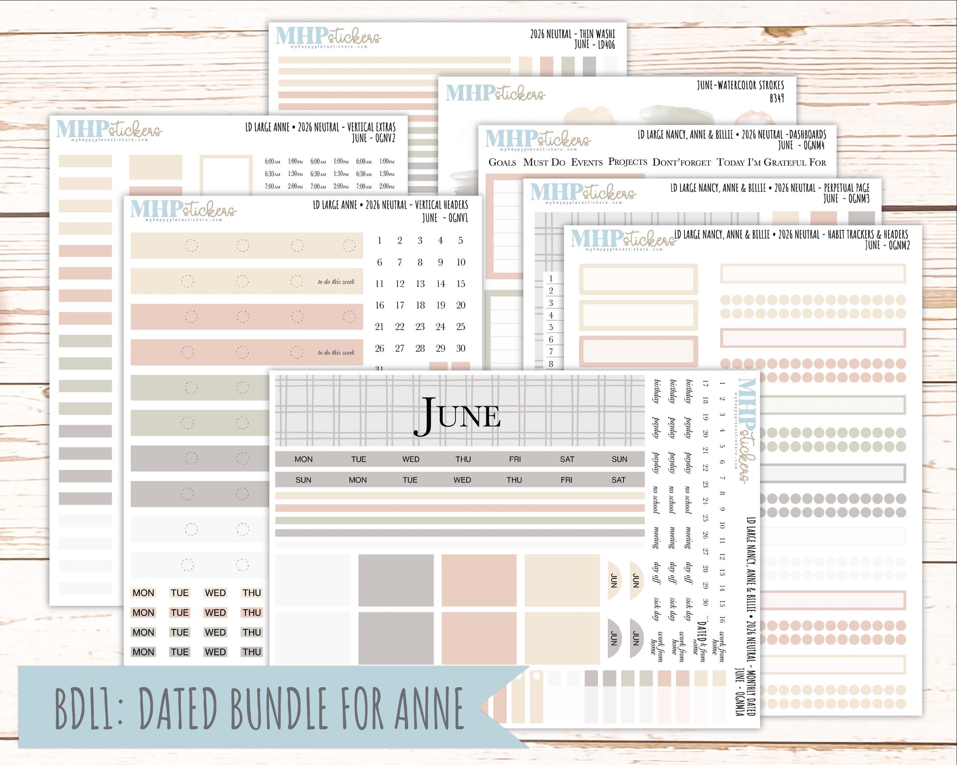 JUNE 2026 Neutral Collection Stickers for the Large Nancy, Anne, & Billie Laurel Denise Planners || OGN