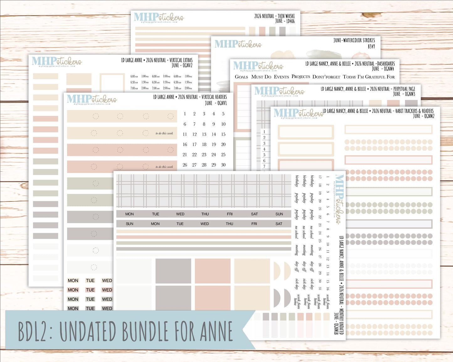 JUNE 2026 Neutral Collection Stickers for the Large Nancy, Anne, & Billie Laurel Denise Planners || OGN