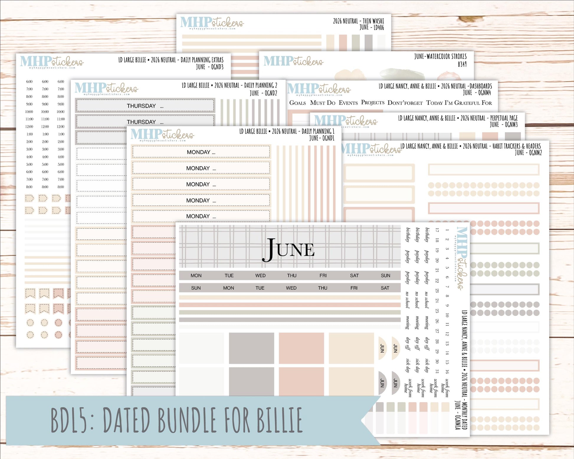 JUNE 2026 Neutral Collection Stickers for the Large Nancy, Anne, & Billie Laurel Denise Planners || OGN
