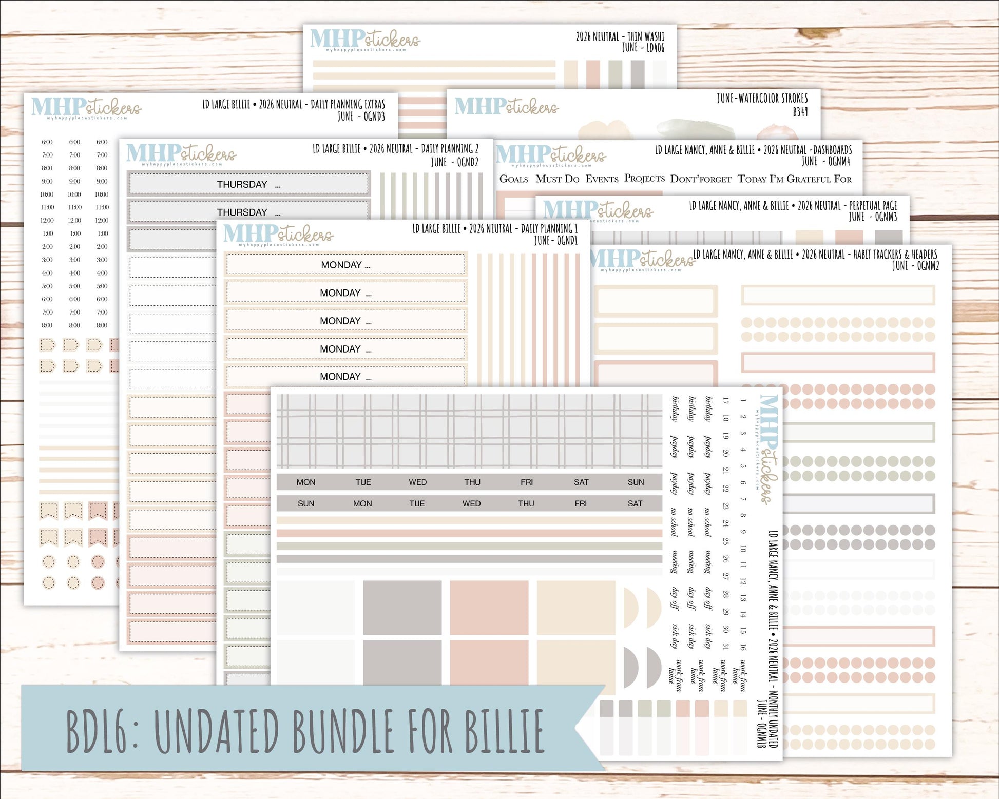 JUNE 2026 Neutral Collection Stickers for the Large Nancy, Anne, & Billie Laurel Denise Planners || OGN