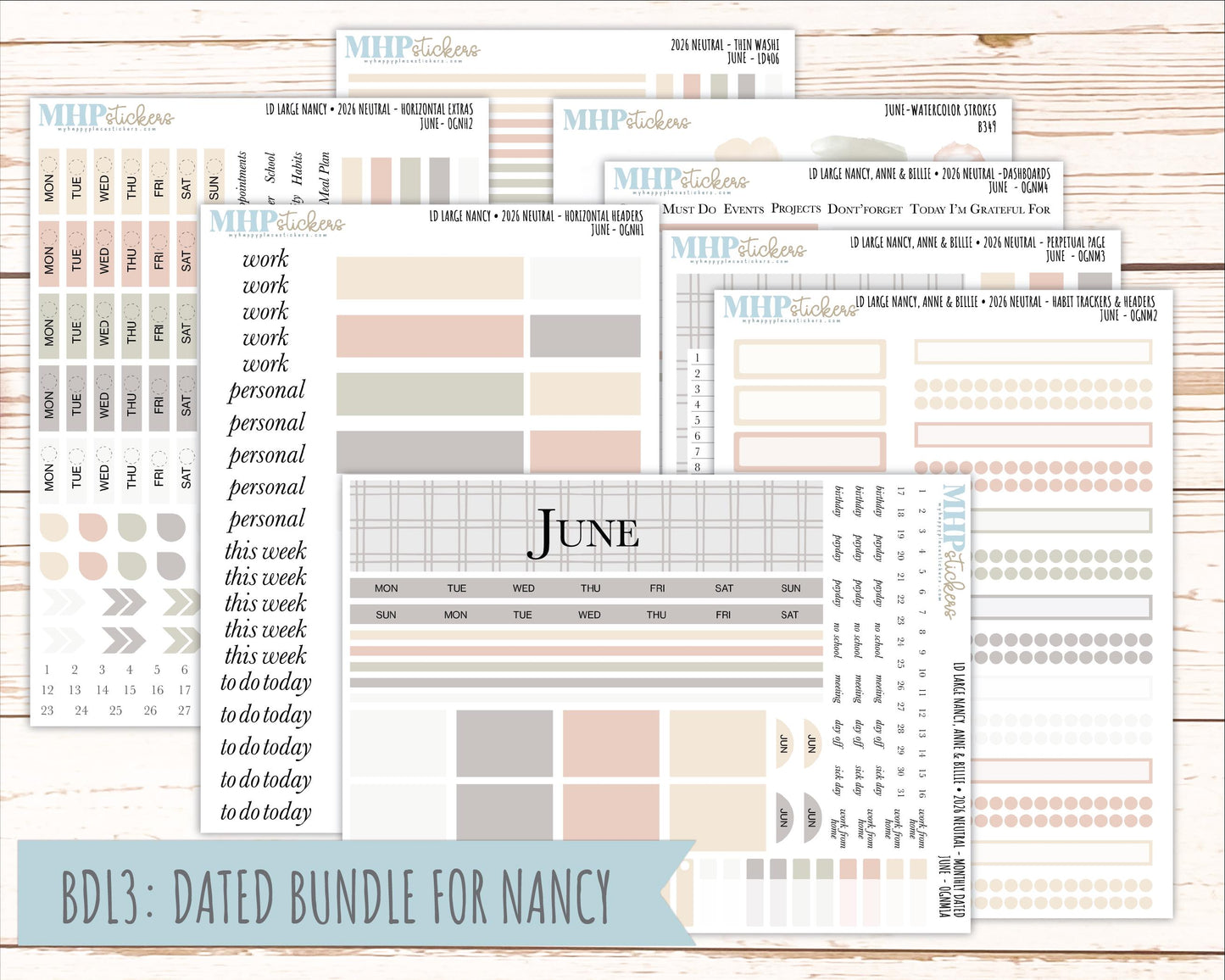 JUNE 2026 Neutral Collection Stickers for the Large Nancy, Anne, & Billie Laurel Denise Planners || OGN