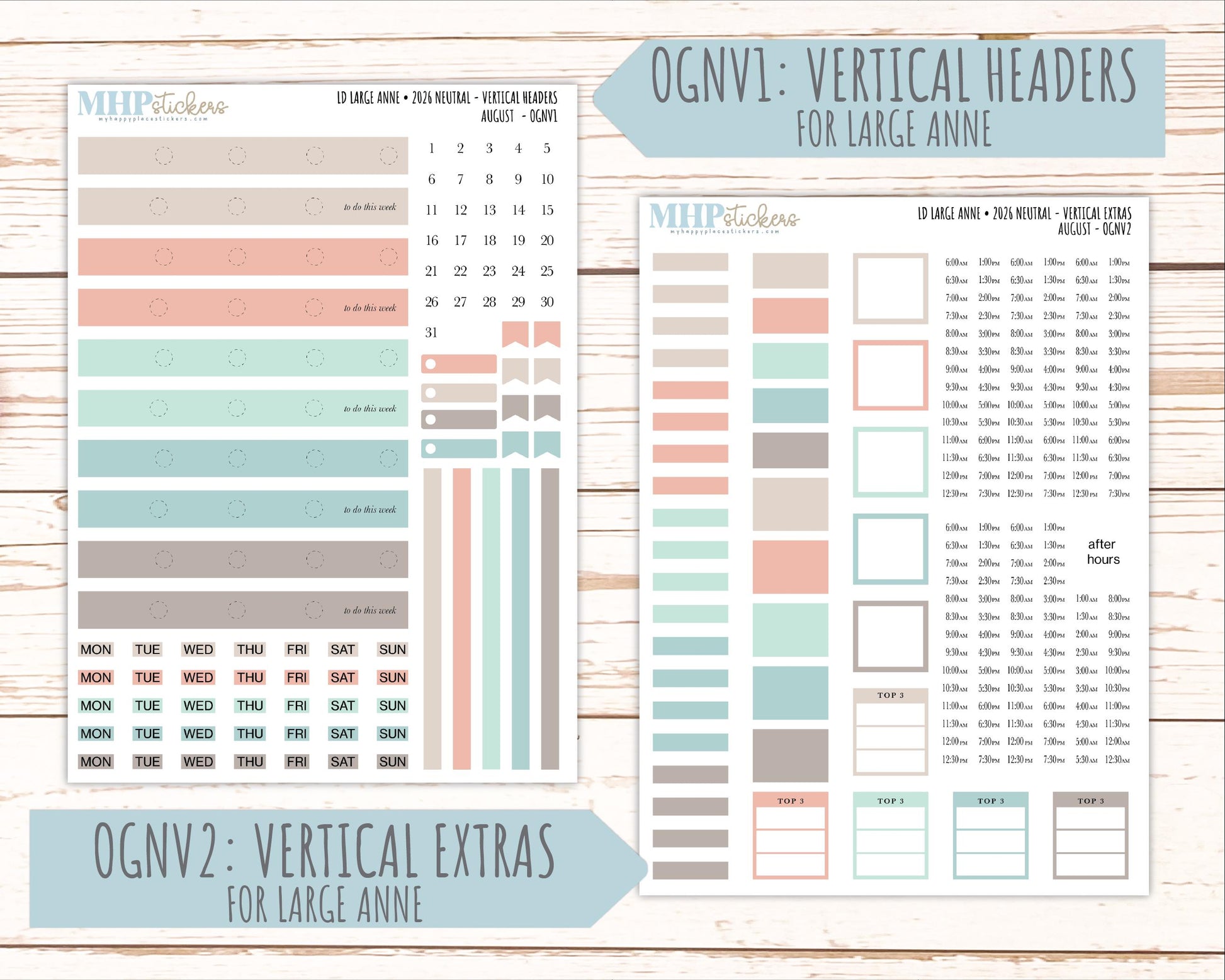 AUGUST 2026 Neutral Collection Stickers for the Large Nancy, Anne, & Billie Laurel Denise Planners || OGN