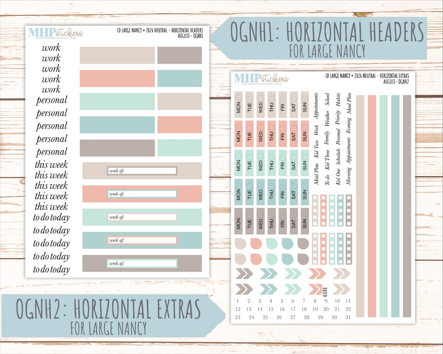 AUGUST 2026 Neutral Collection Stickers for the Large Nancy, Anne, & Billie Laurel Denise Planners || OGN