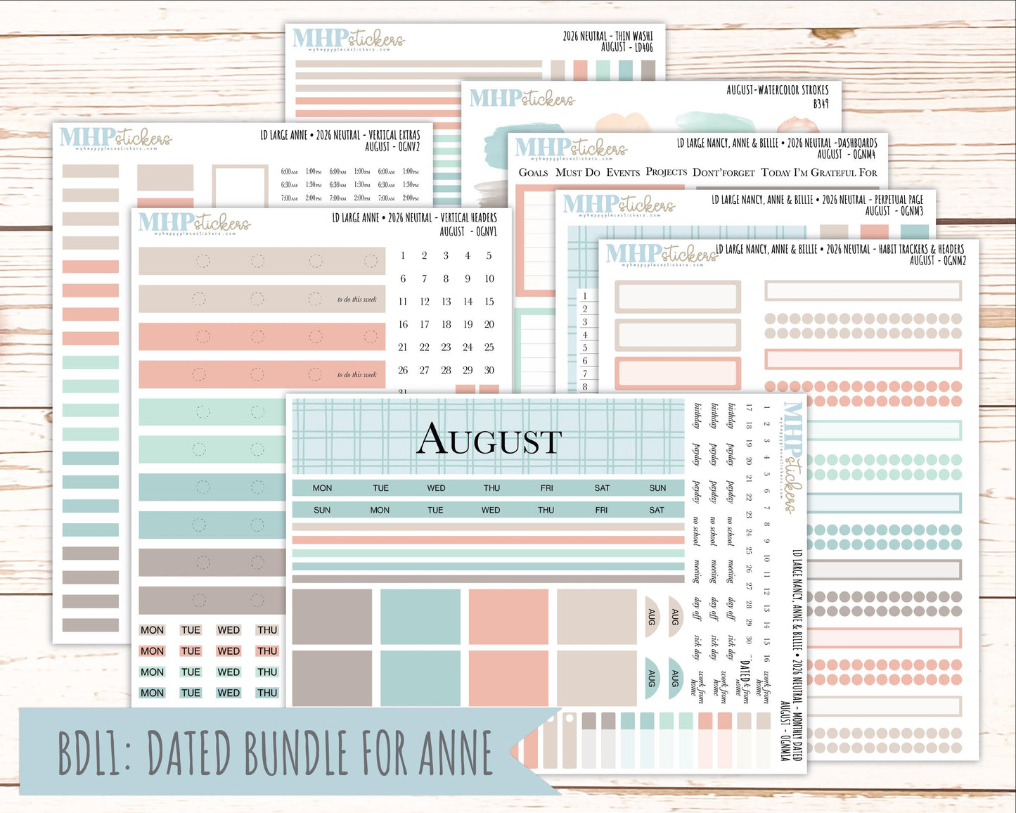 AUGUST 2026 Neutral Collection Stickers for the Large Nancy, Anne, & Billie Laurel Denise Planners || OGN