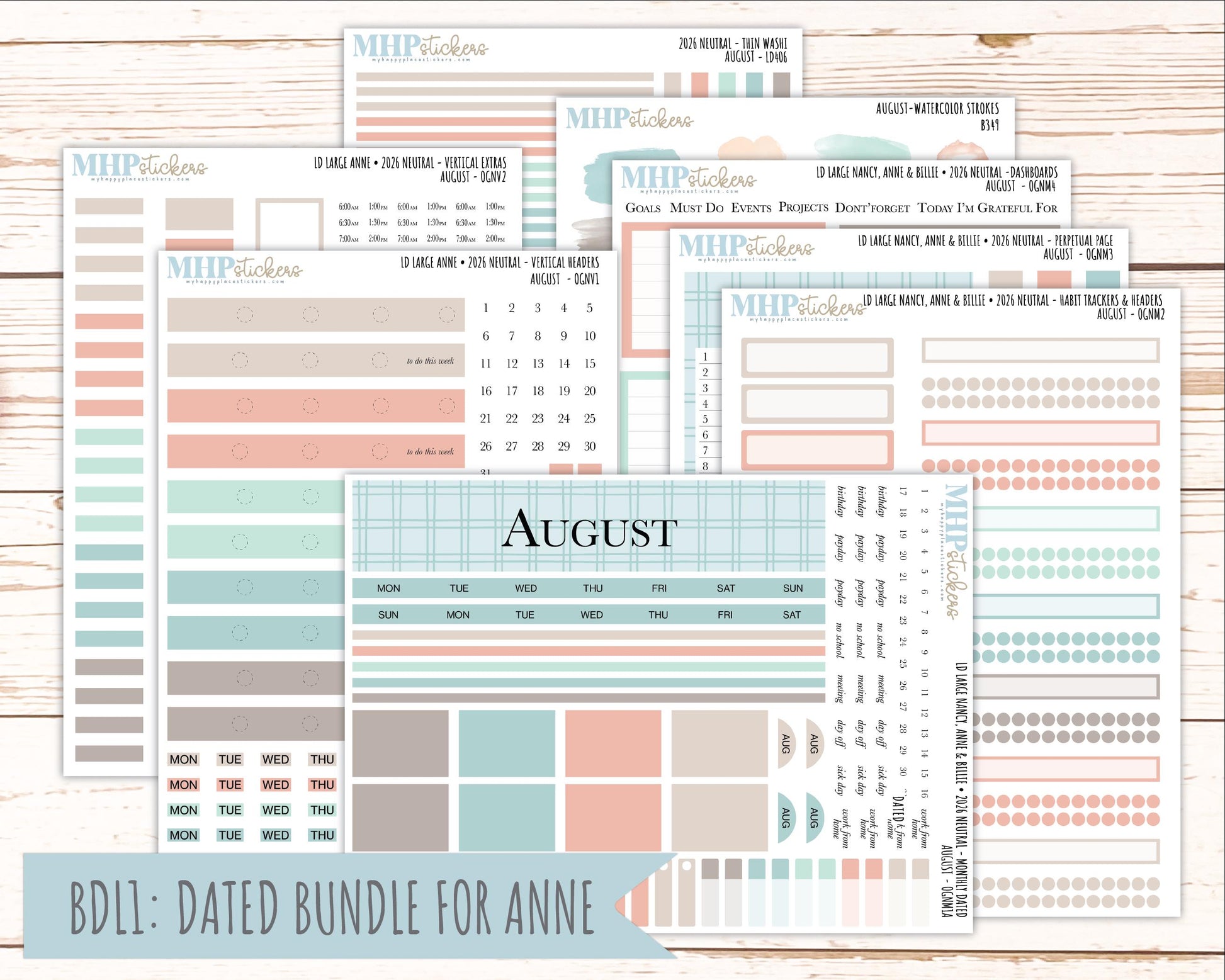 AUGUST 2026 Neutral Collection Stickers for the Large Nancy, Anne, & Billie Laurel Denise Planners || OGN