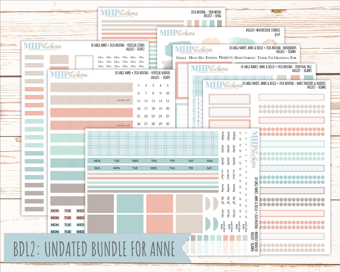 AUGUST 2026 Neutral Collection Stickers for the Large Nancy, Anne, & Billie Laurel Denise Planners || OGN