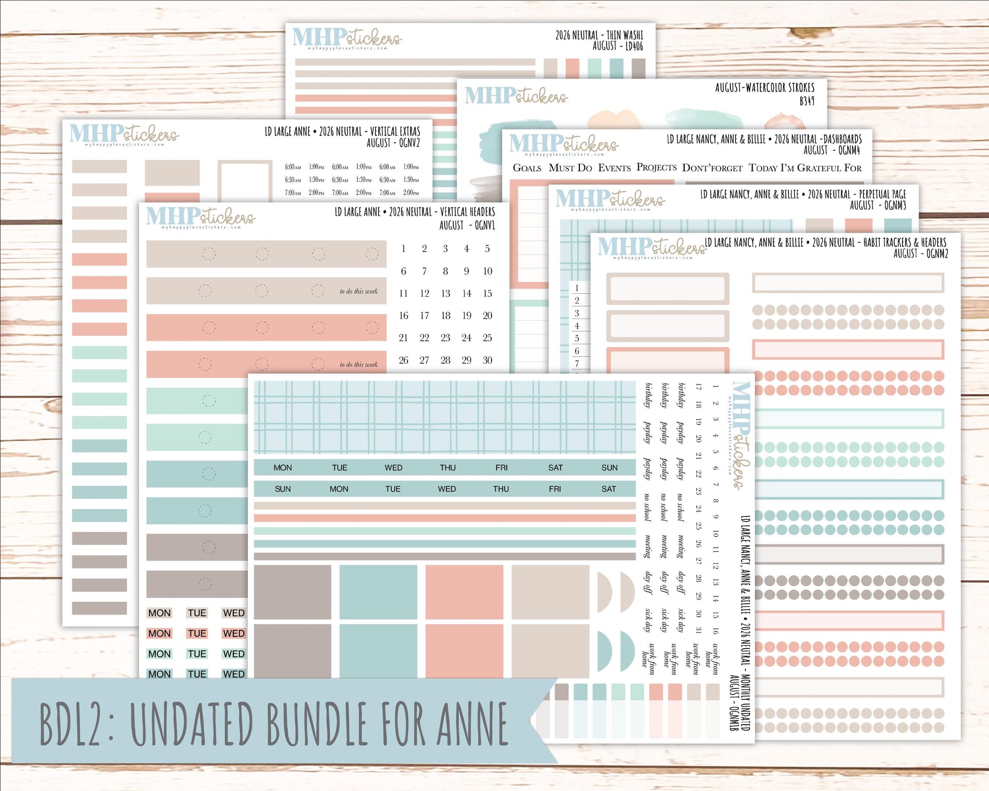 AUGUST 2026 Neutral Collection Stickers for the Large Nancy, Anne, & Billie Laurel Denise Planners || OGN