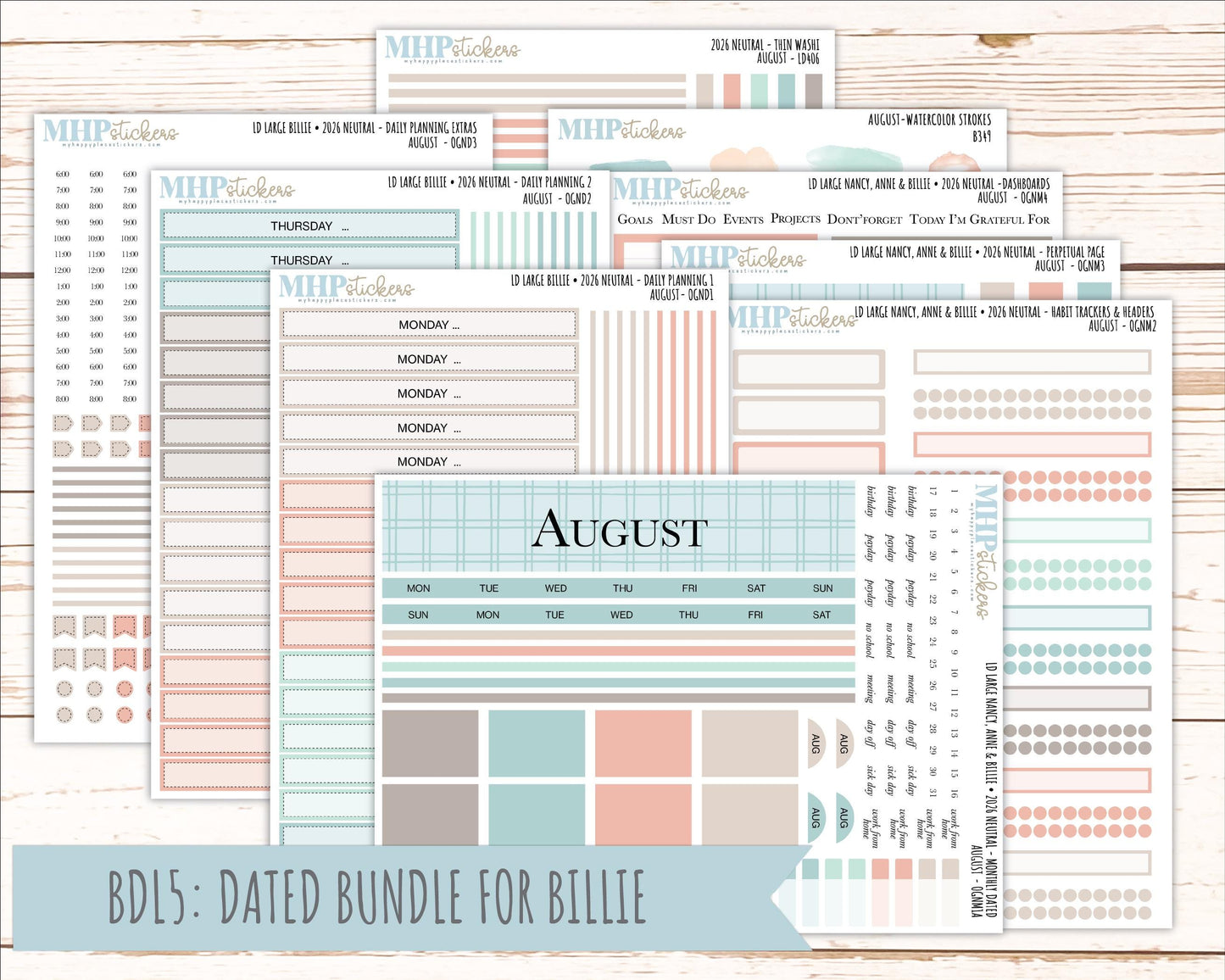 AUGUST 2026 Neutral Collection Stickers for the Large Nancy, Anne, & Billie Laurel Denise Planners || OGN