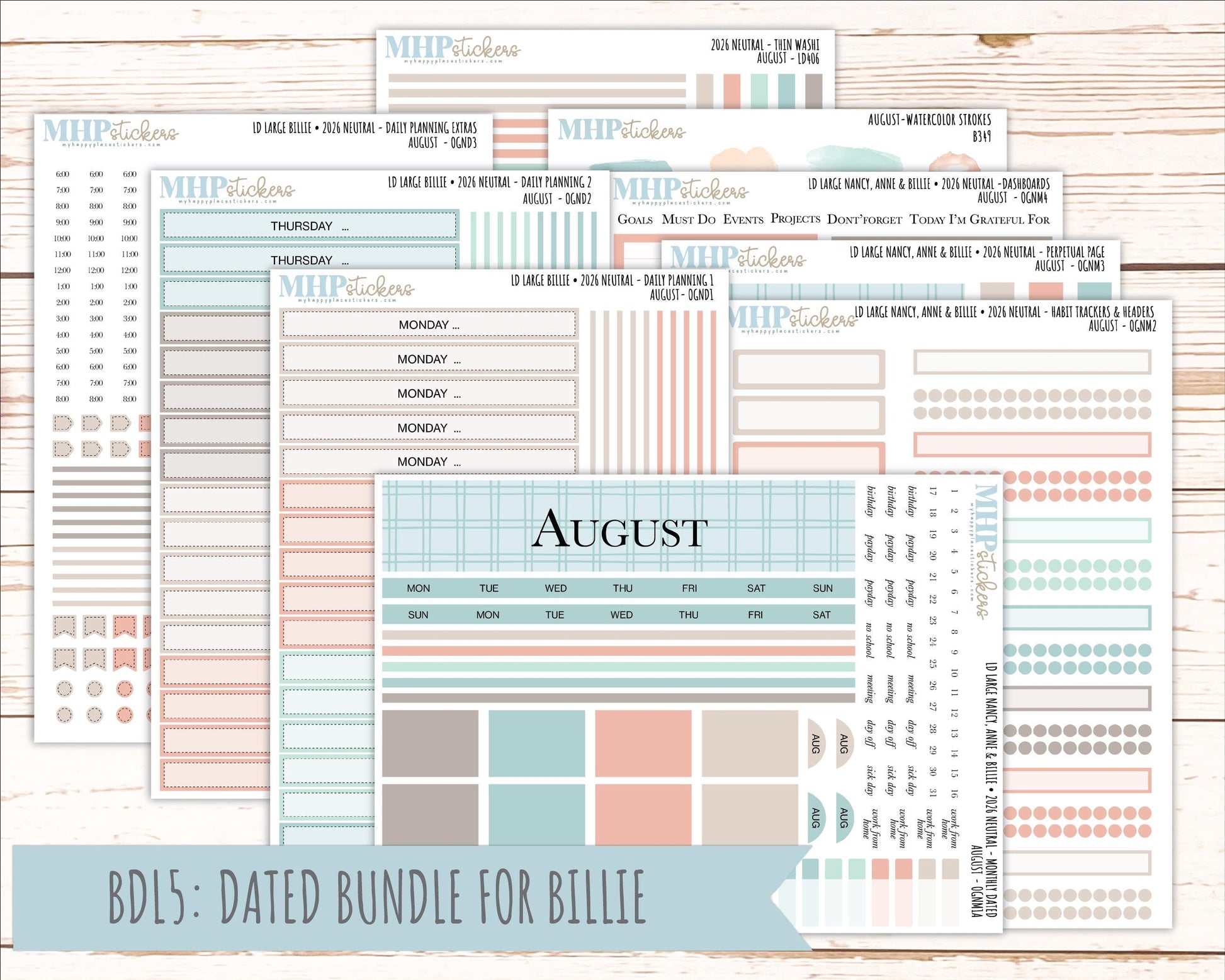 AUGUST 2026 Neutral Collection Stickers for the Large Nancy, Anne, & Billie Laurel Denise Planners || OGN