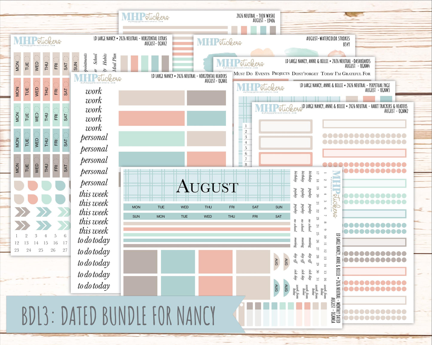 AUGUST 2026 Neutral Collection Stickers for the Large Nancy, Anne, & Billie Laurel Denise Planners || OGN