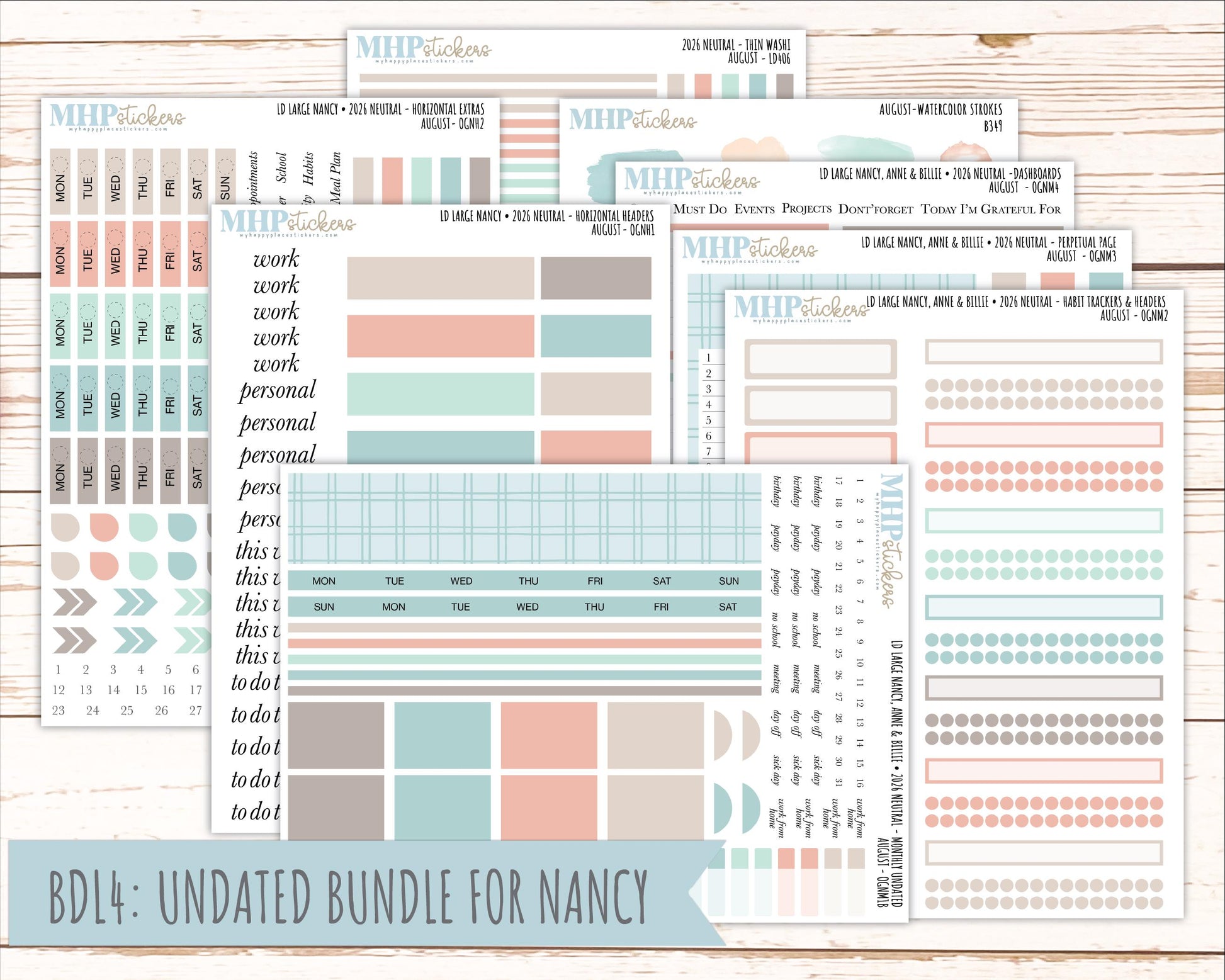 AUGUST 2026 Neutral Collection Stickers for the Large Nancy, Anne, & Billie Laurel Denise Planners || OGN