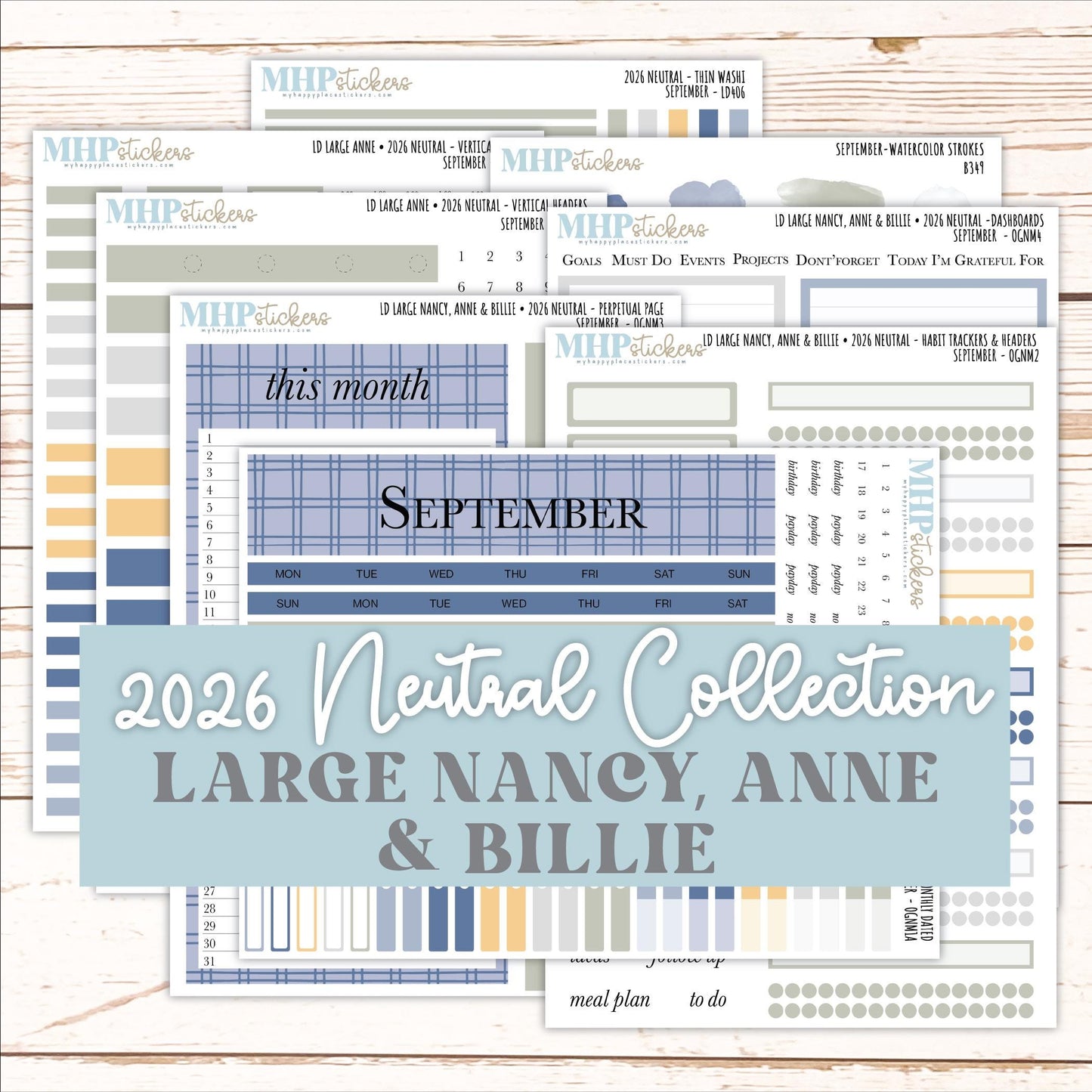 SEPTEMBER 2026 Neutral Collection Stickers for the Large Nancy, Anne, & Billie Laurel Denise Planners || OGN