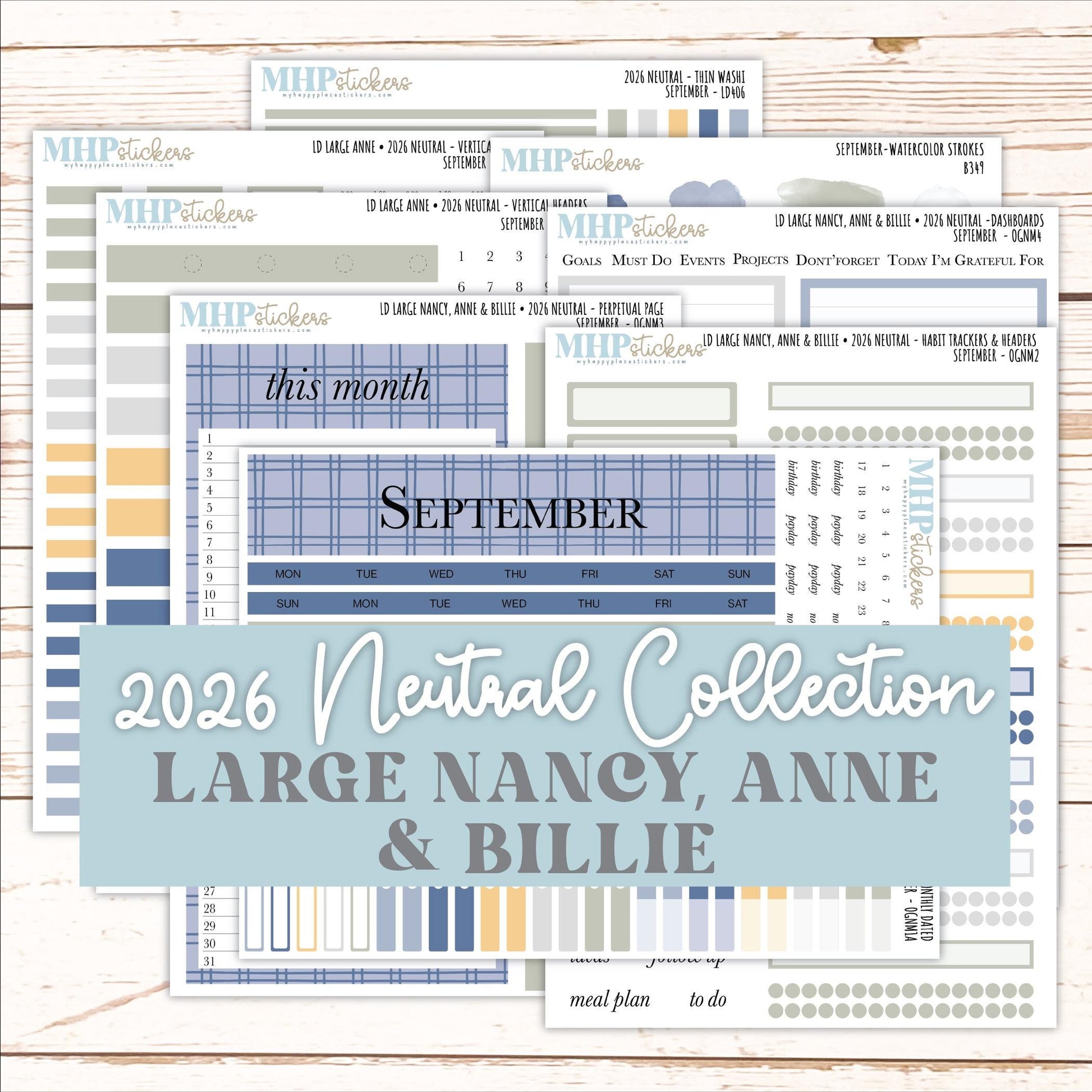 SEPTEMBER 2026 Neutral Collection Stickers for the Large Nancy, Anne, & Billie Laurel Denise Planners || OGN