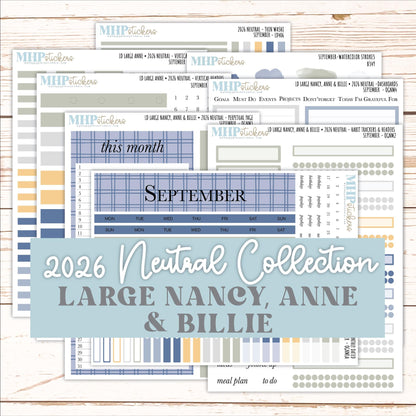 SEPTEMBER 2026 Neutral Collection Stickers for the Large Nancy, Anne, & Billie Laurel Denise Planners || OGN